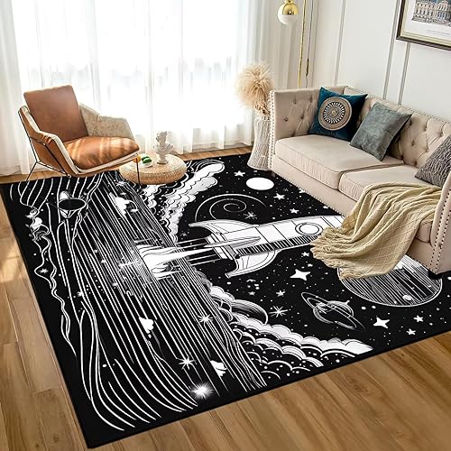 Miniatura 15 de Alfombra con Diseño de Galaxia y Planetas, Alfombra de Astronautas del Espacio, Alfombras Decorativas para Habitación de Niños Varones Adolescentes,