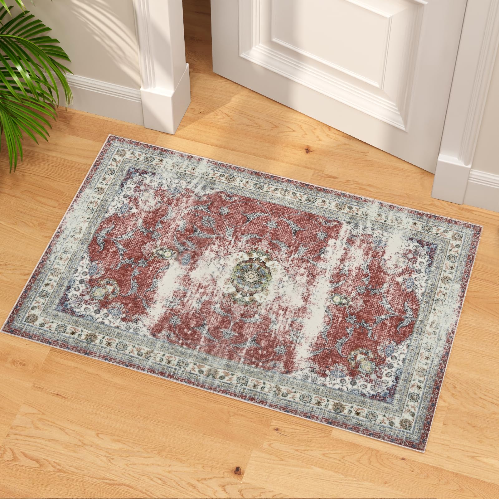 Vintage Rugs for Entryway, 2x3 Washable Low Pile Rug, Small Front Door Non-Slip Area Rug for Kitchen, Throw Rugs with Rubber Backing, Soft Boho Indoor