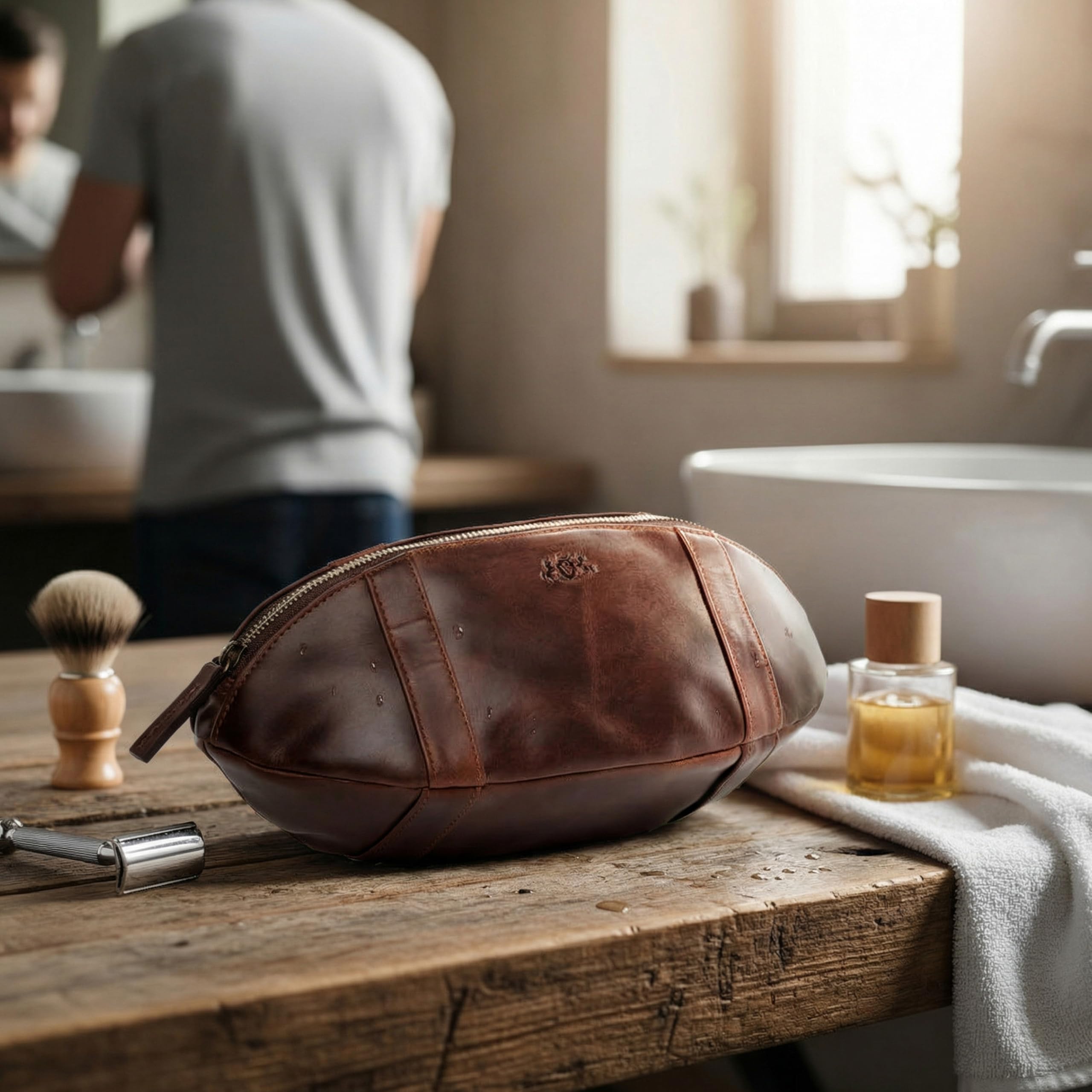 SID & VAIN® borsa toiletry football americano vera pelle vintage ISAAC borsetta necessaire Toilette pochette beauty case da Viaggio uomo marrone prodotto artigianale