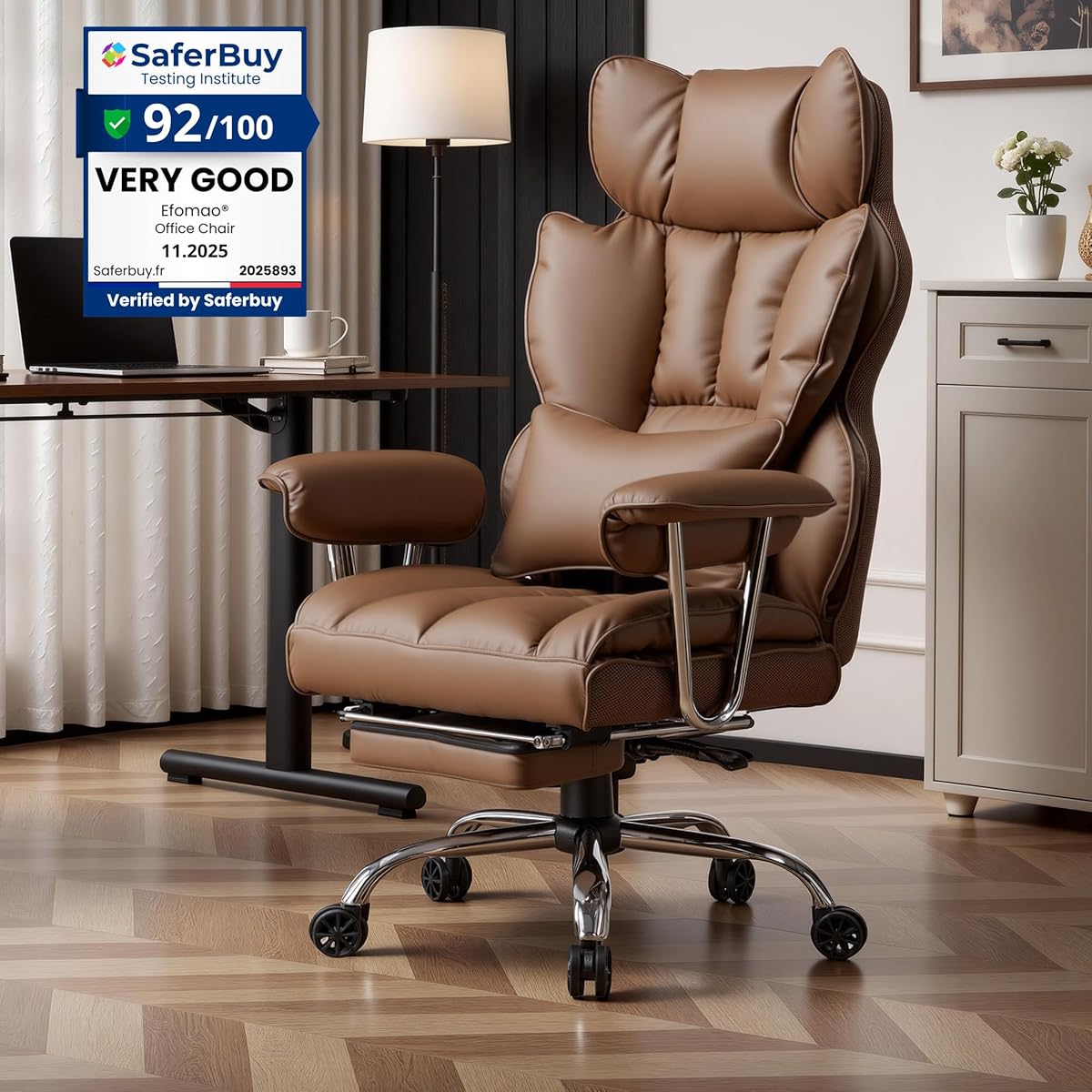Efomao Desk Office Chair, Big and Tall PU Leather Ergonomic Office Chair, 200KG Adjustable High Back Computer Chair,Executive Swivel Chair with Footrest and Lumbar Support, Brown