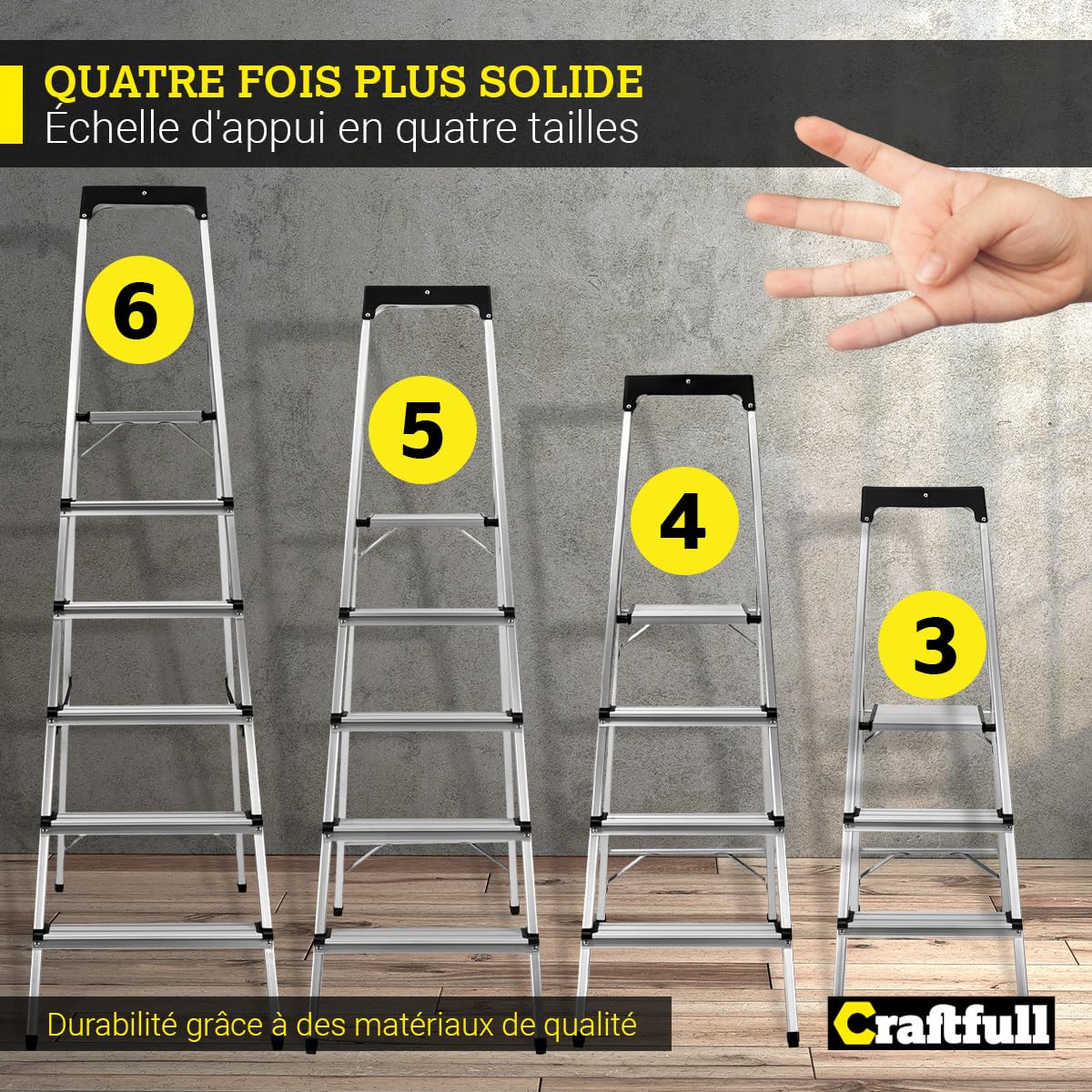 𝐂𝐑𝐀𝐅𝐓𝐅𝐔𝐋𝐋 Échelle en Aluminium CF-133B | 3-6 marches - Pliable - Jusqu’à 150 kg - Échelle ménagère avec Espace de Rangement - Échelle - Escabeau
