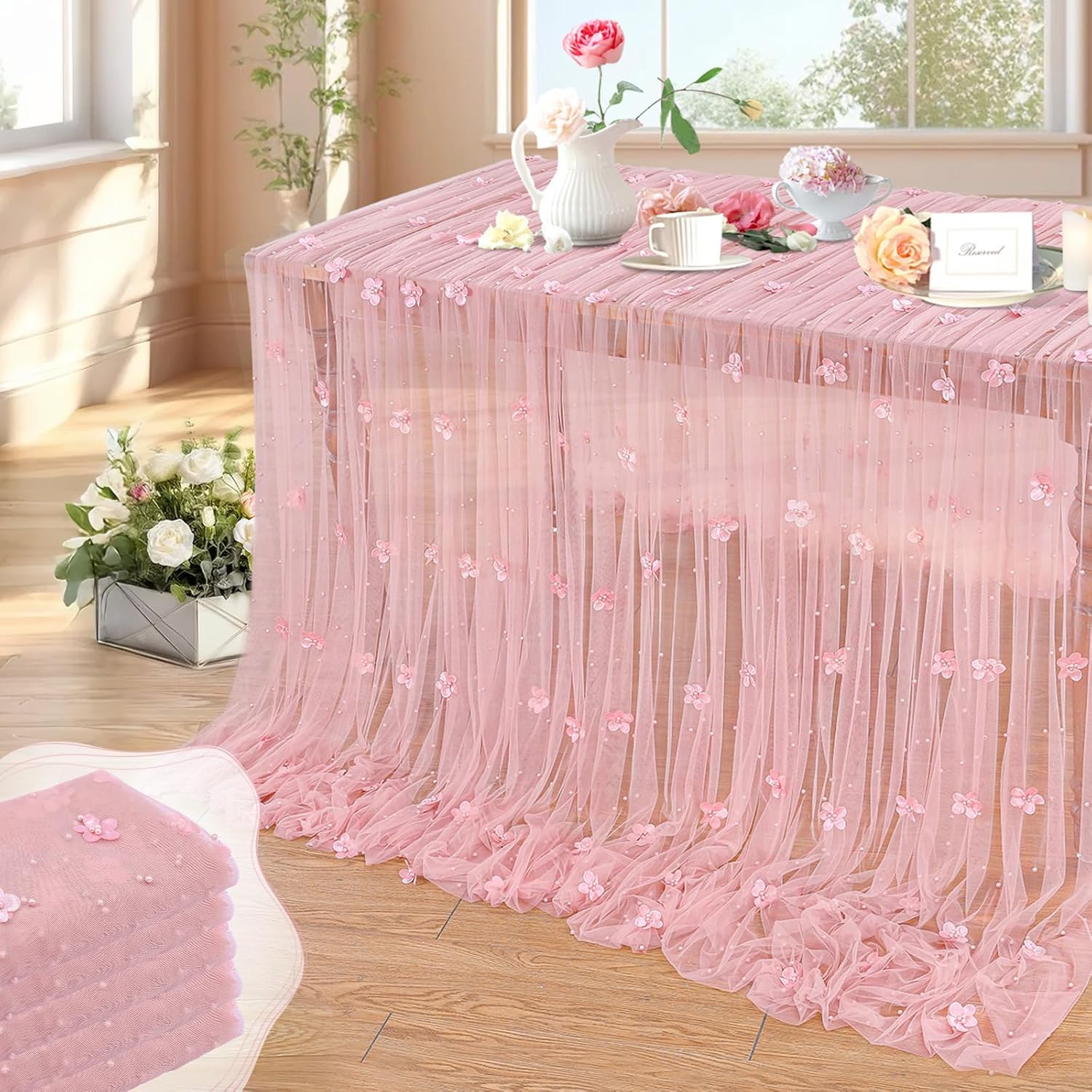 LuoluoHouse Sage Green Pearl Tulle Tablecloths: Set of 3 10ft Green Flower Pearl Tulle Fabric Wedding Lace Tablecloths Arch for Bridal Shower Veil Baby Shower Sweetheart Table Decorations