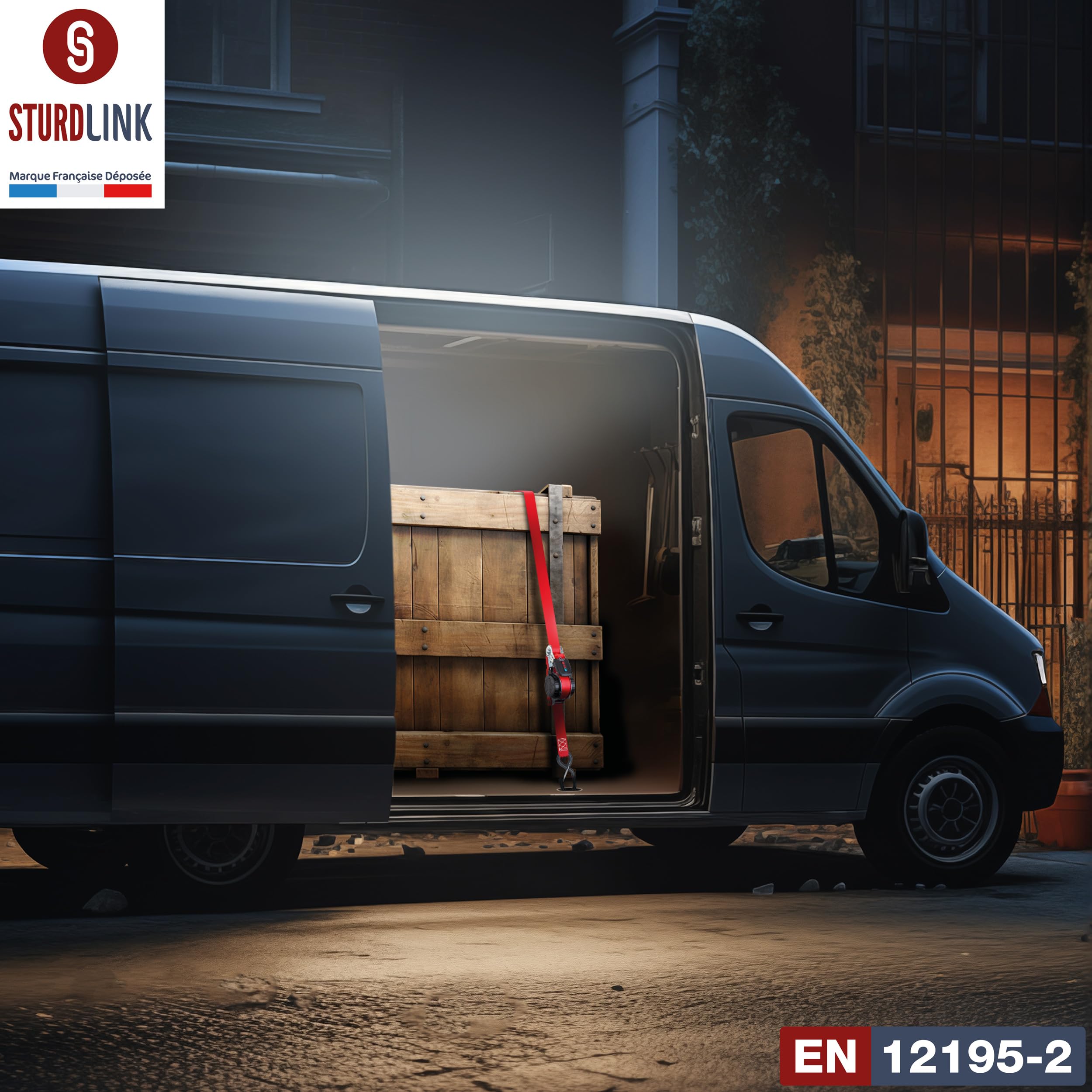 Correas con Trinquete Automático 5m 25mm Ganchos en S con Pasador LC 350kg / 700kg en U | Enrollador de Correa Automático | Fijación en Remolque Porta Moto Quad Auto | Lote de 4 + Bolsa | EN 12195-2