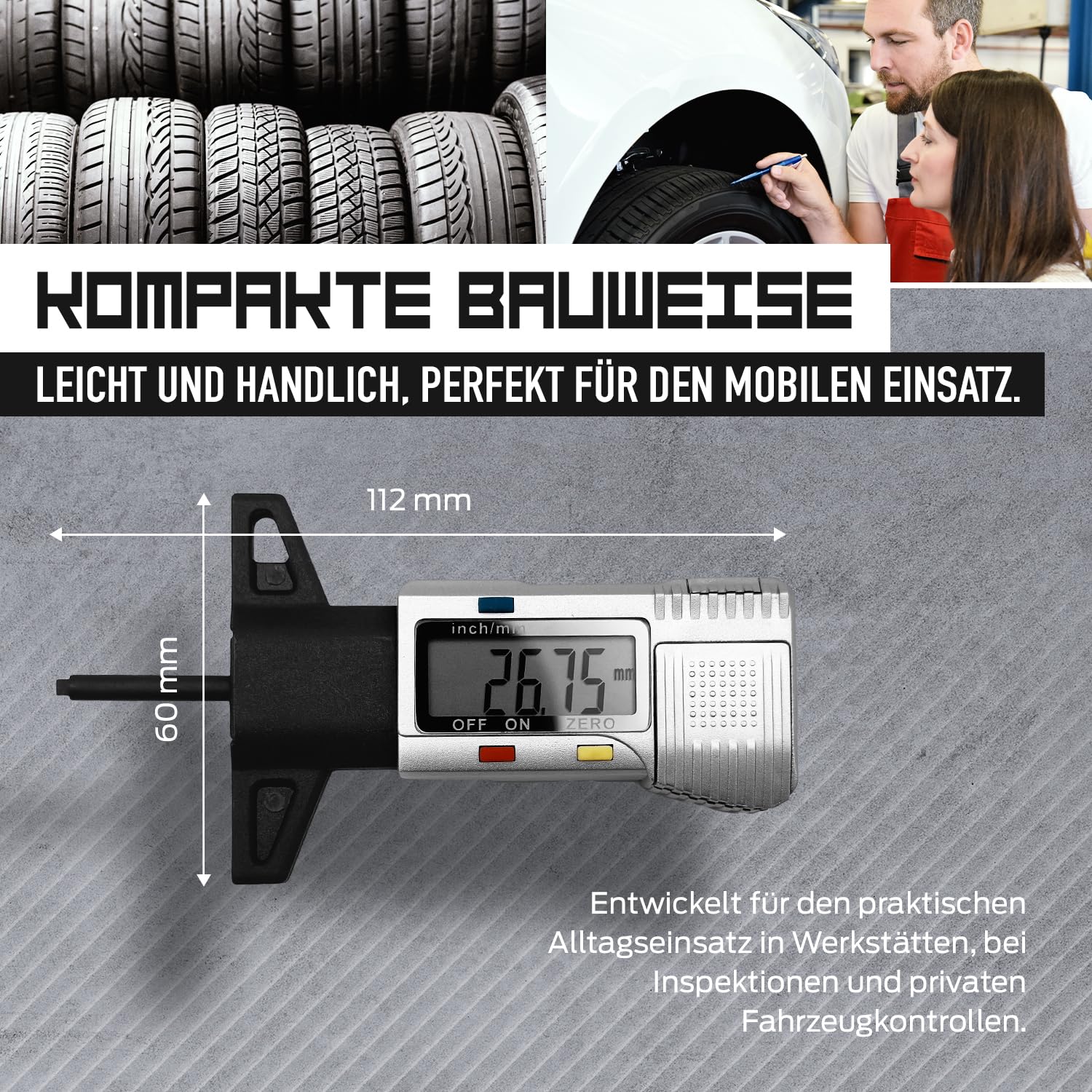 MIB Digitale Reifen-Profillehre für PKW & LKW Nr. 615/3 | Reifenprofilmesser | Tiefenmesser aus Kunststoff | Profiltiefenmesser für Autoreifen | Messwerkzeug | Messbereich 30mm | inkl. Batterie & Etui