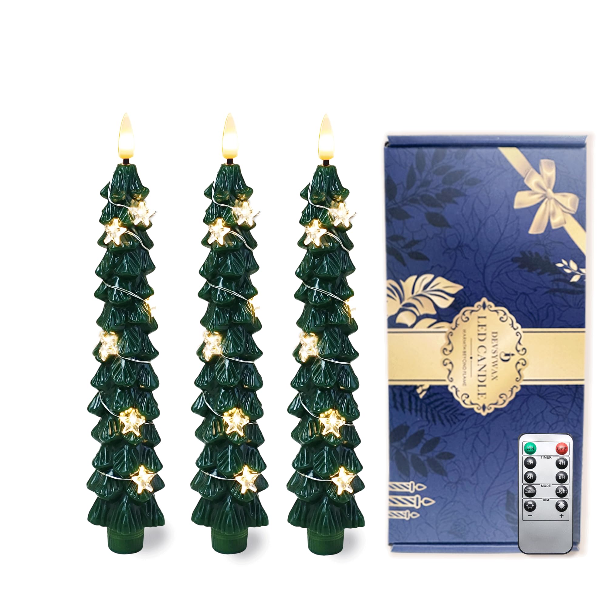 DEVSYWAX LED Christmas Tree Flameless Candles 3 Pcs Taper Remote Timer Battery Operated Fake Candle 3D Flickering Flame Celebration Holiday Decorations Green （Star Copper Wire lamp）