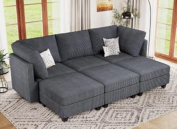 Belffin Modular Sectional Sleeper Sofa with Storage Seat 6 Seat Sectional Sleeper Sofa Bed Corduroy Sectional Couch with Reversible Chaise Dark Grey Modular Couch for Living Room