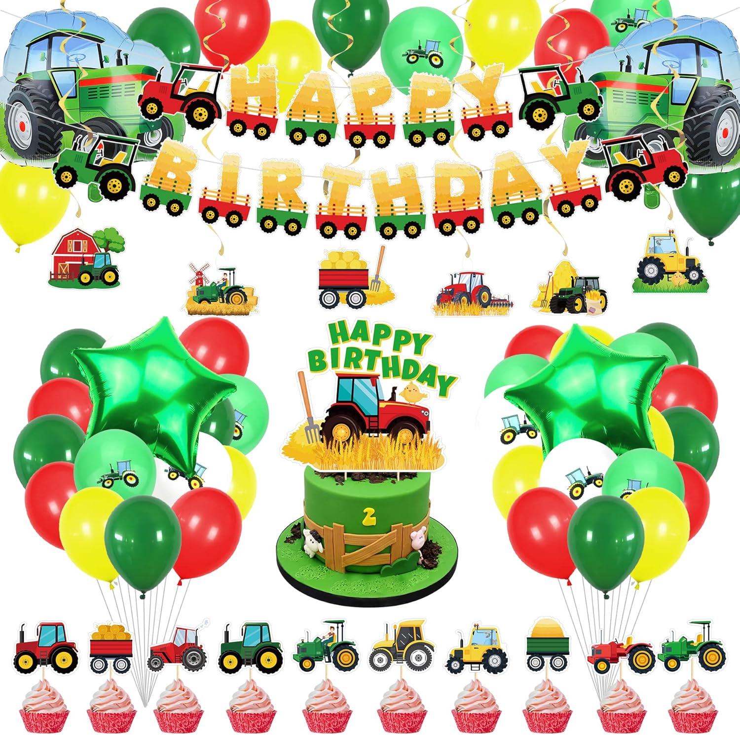 Red Green Tractor party Decorations, Farm Tractor Birthday Party