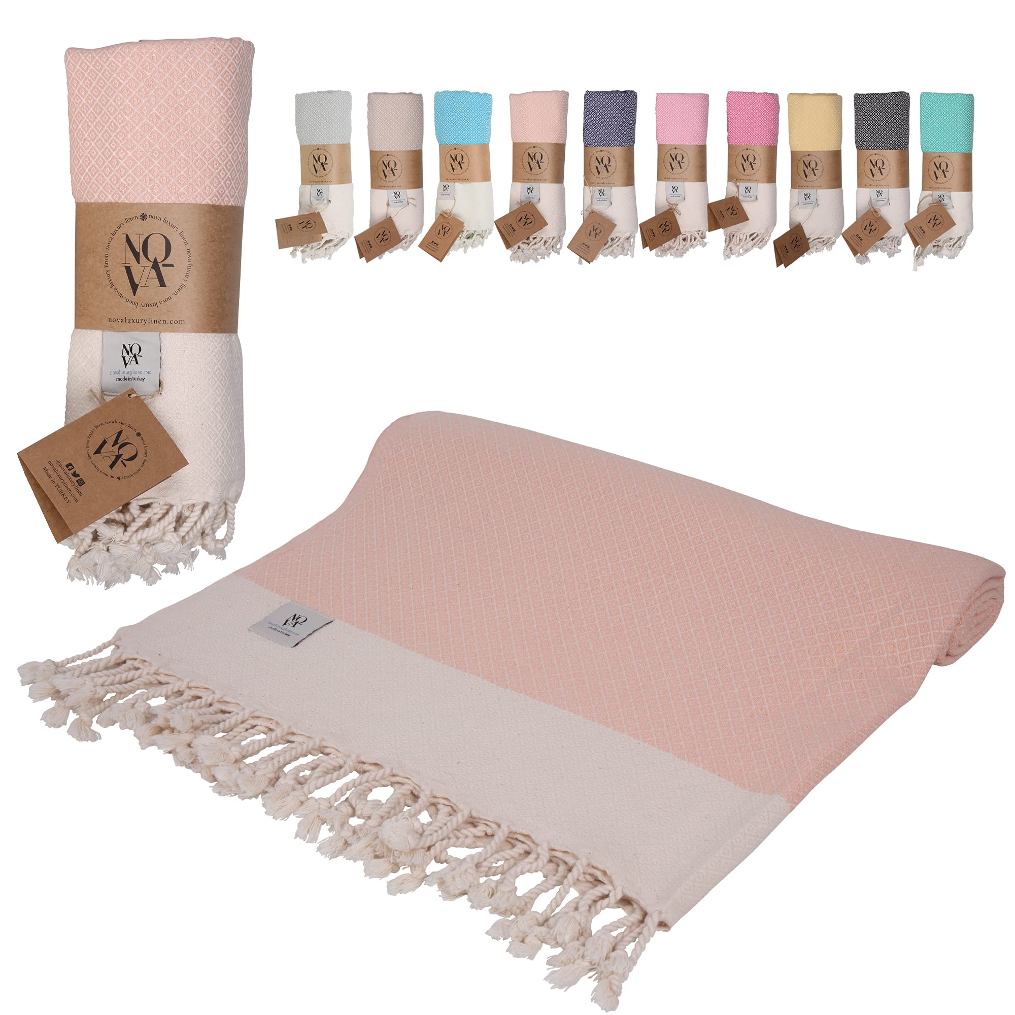 Nova Turkish BeachTowel | 100% Cotton Sand Free Large Beach Towels | Prewashed 37 x 71 Inches Quick-Dry Turkish Towel | Lightweight Soft Towel for Beach, Pool, SPA, Gym, Picnic, and Yoga (Powder)