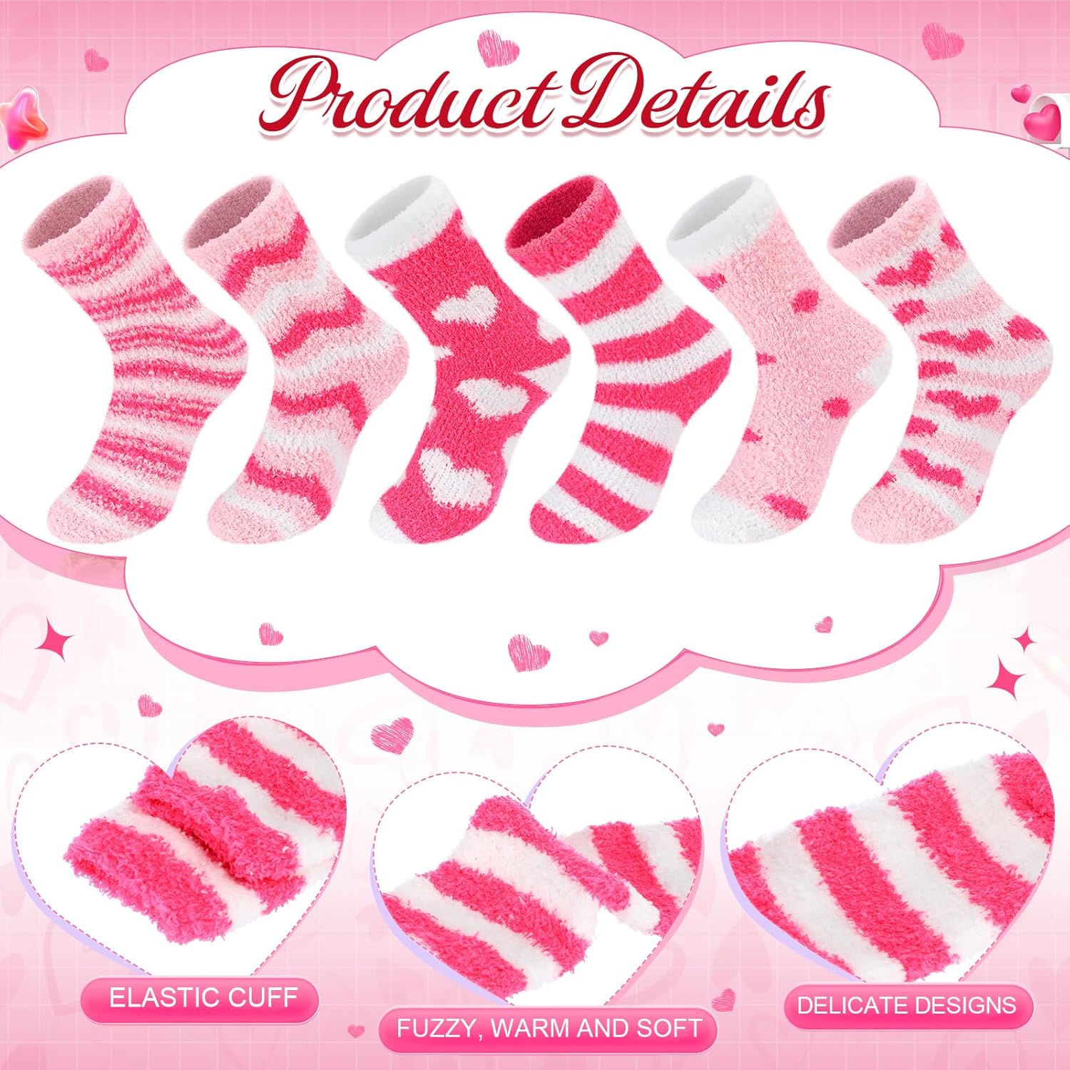 Capoda 24 Set Valentine's Day Cup Socks Gifts, Bulk Pink Heart Fuzzy Fluffy Socks, Galentines Gifts Party Favor for Women - Image 3