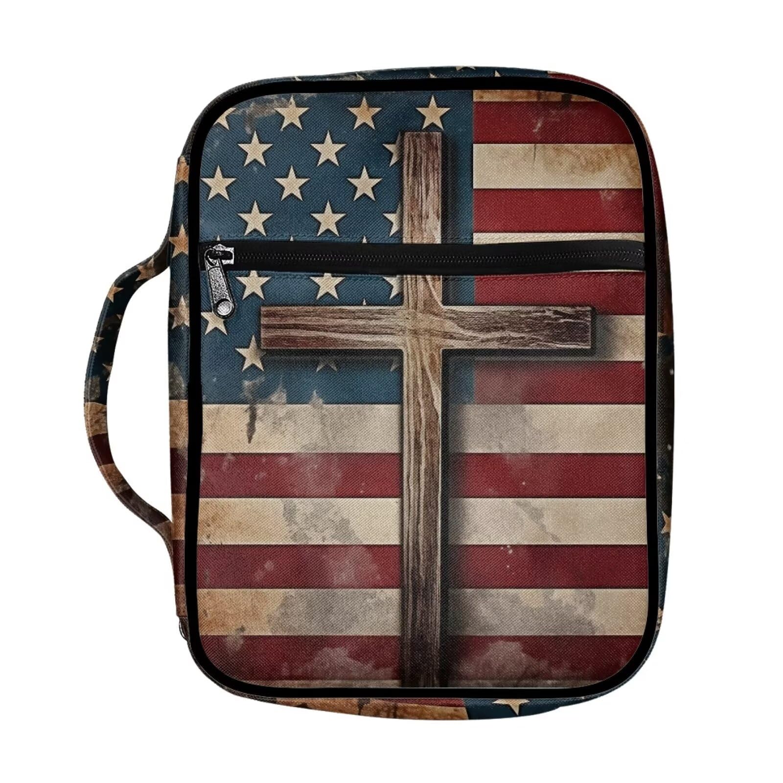 Suobstales American Flag Cross Print Bible Covers for Women Men Bible Case Bible Bag Bible Accessories with Handle and Zippered Pocket Bible Tote Bag