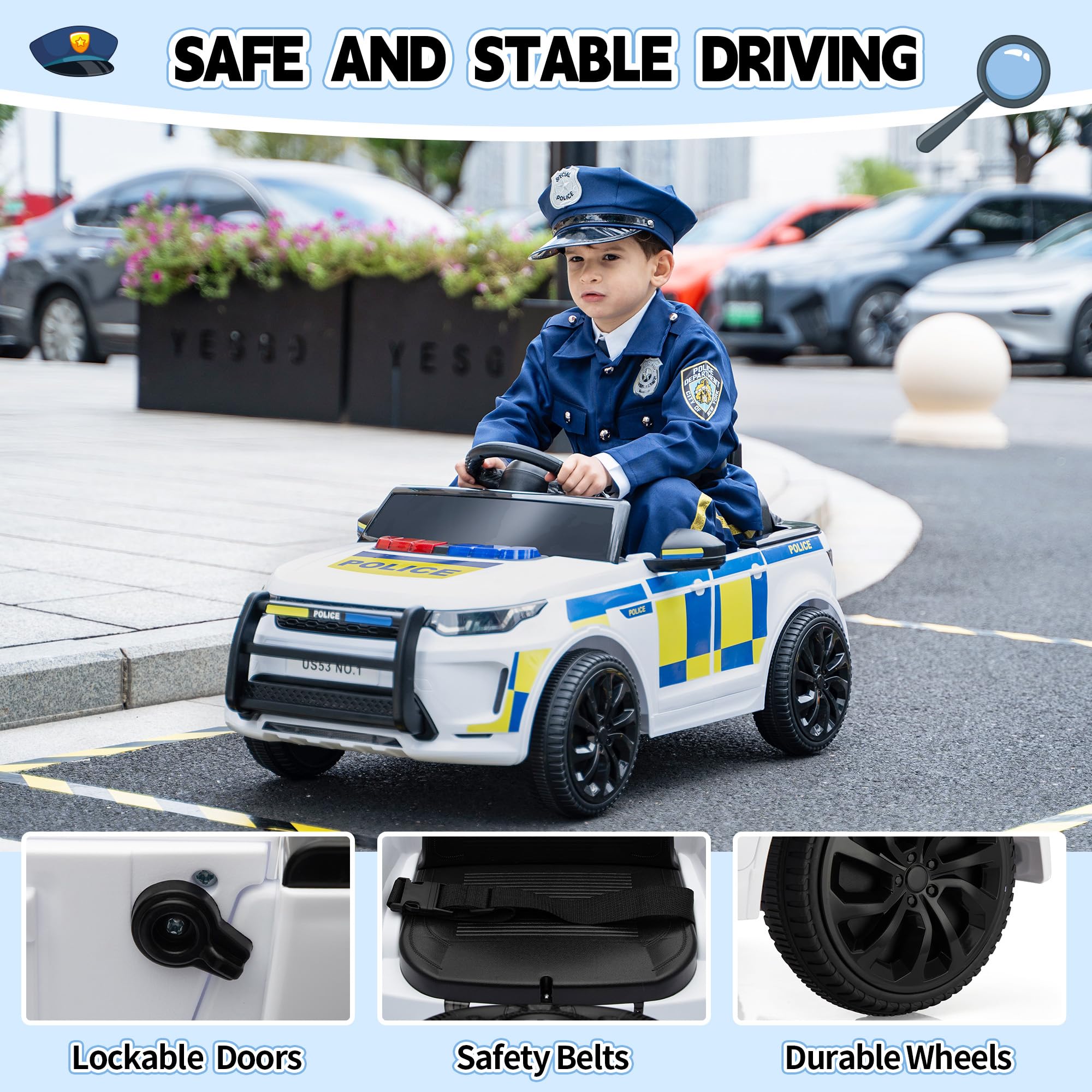 TOBBI Auto della polizia elettrica per bambini, giocattolo da poliziotto alimentato a batteria, 27 W, veicolo a 4 ruote con telecomando per genitori/soft start/3 velocità/clacson e LED, per bambini da