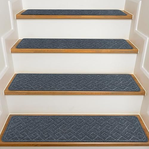 Miniatura 14 de Peldaños de escalera para escalones de madera interior, paquete de 15 unidades de 8 x 30 pulgadas, alfombra antideslizante con adhesivo reutilizable