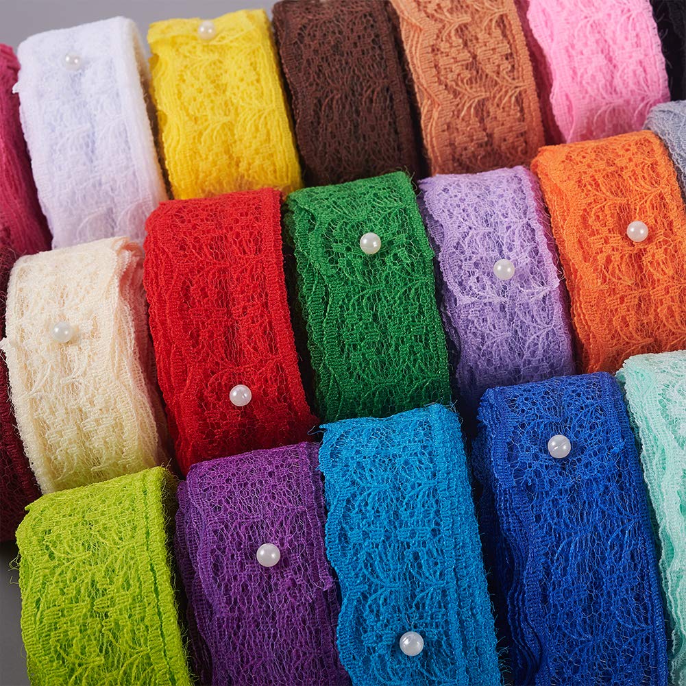 BENECREAT 20 Rolls 200 Yards Mixed Color 7/8" Wide Floral Pattern Fabric Lace Ribbon by The Roll for Wedding Decorating, Sewing, Hair Bow Making, Gift Wrapping