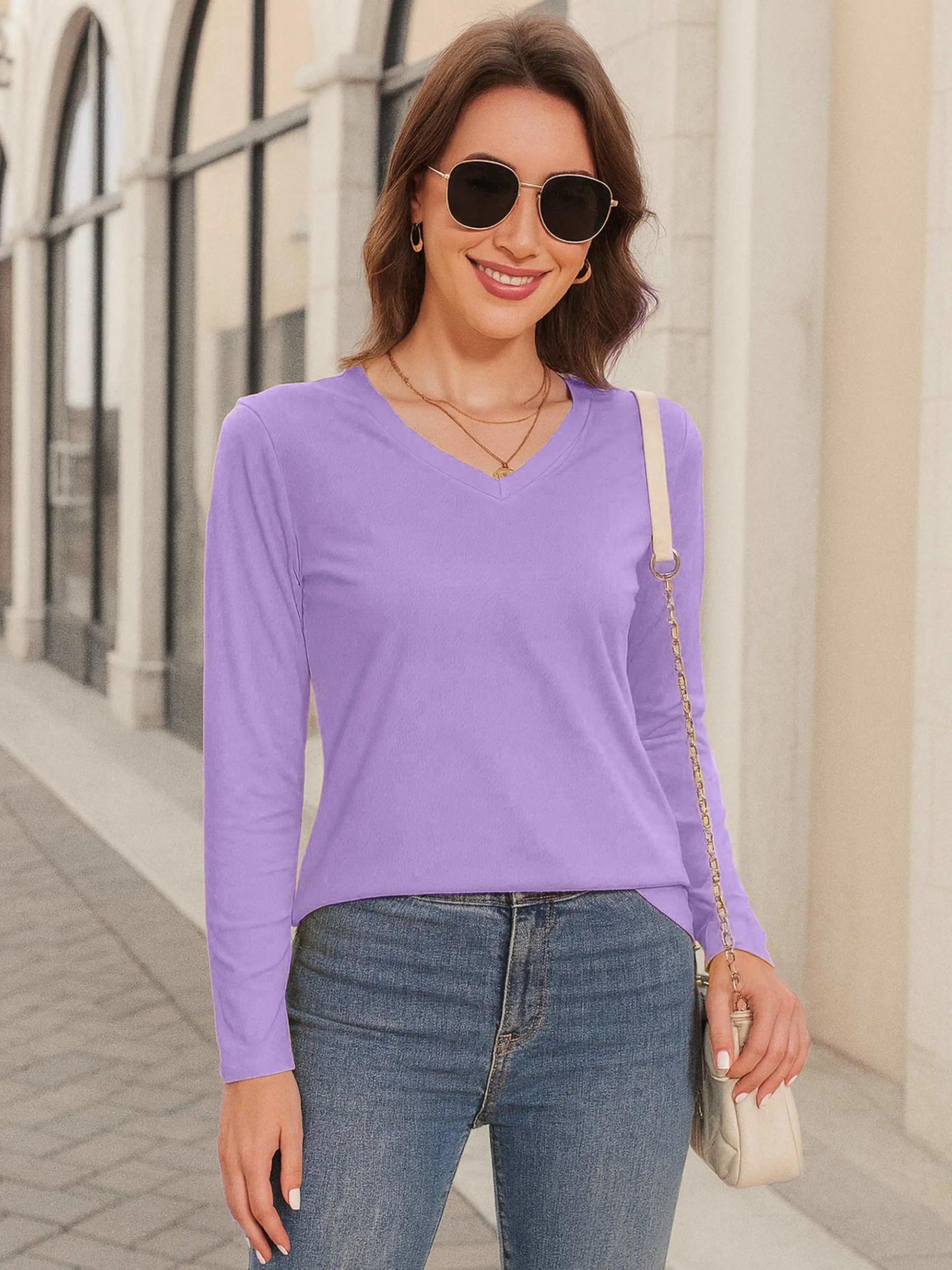 SMENG Camisetas de manga larga para mujer, de algodón puro, cuello en V, básicas, casuales, suaves