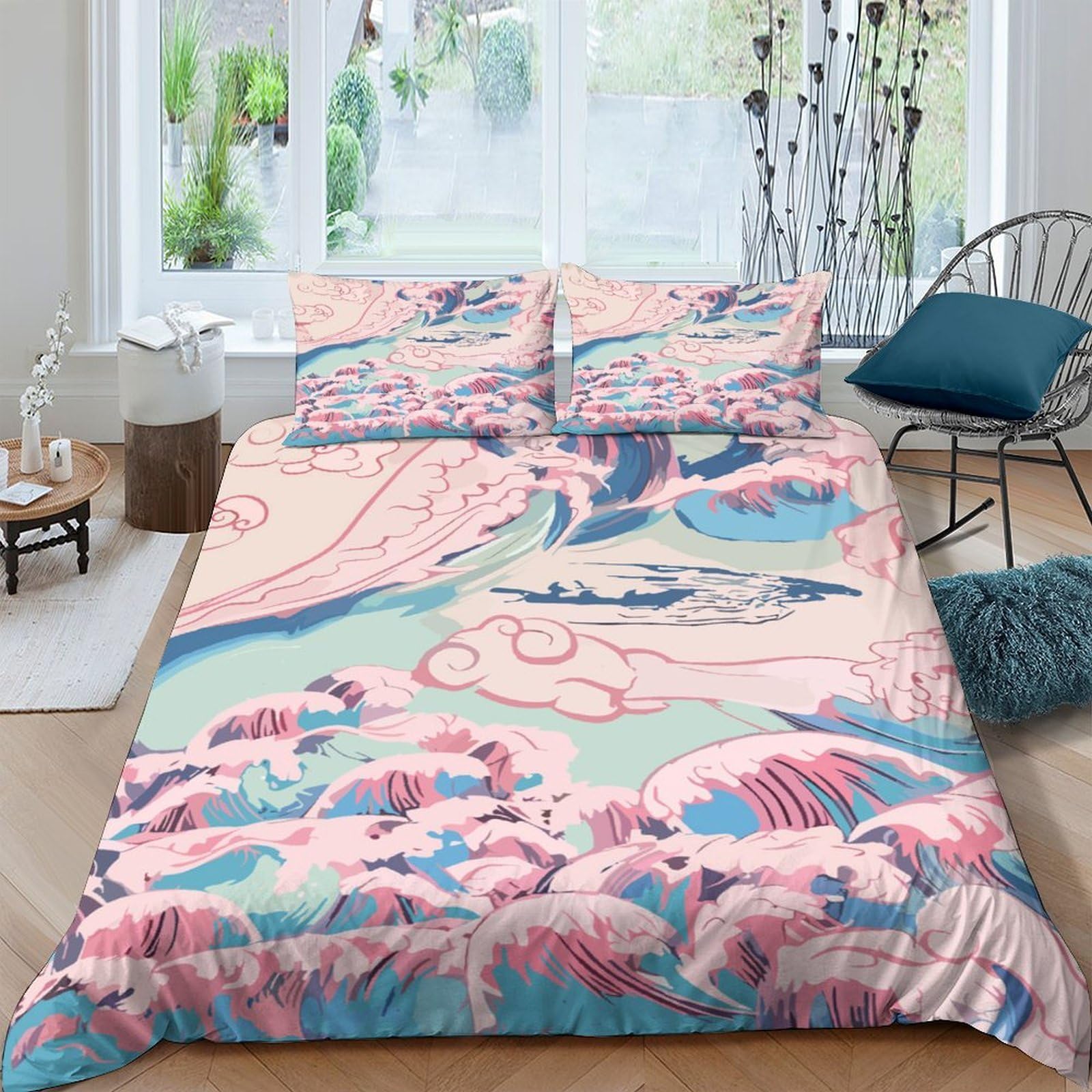 Ctjqhvkz Style-1 3D Printed Japanese Landscape Fitted Sheet Microfiber Soft Peach Blue Mountain Bed Cover For Bedroom Dorm Decor Single（135X200cm）