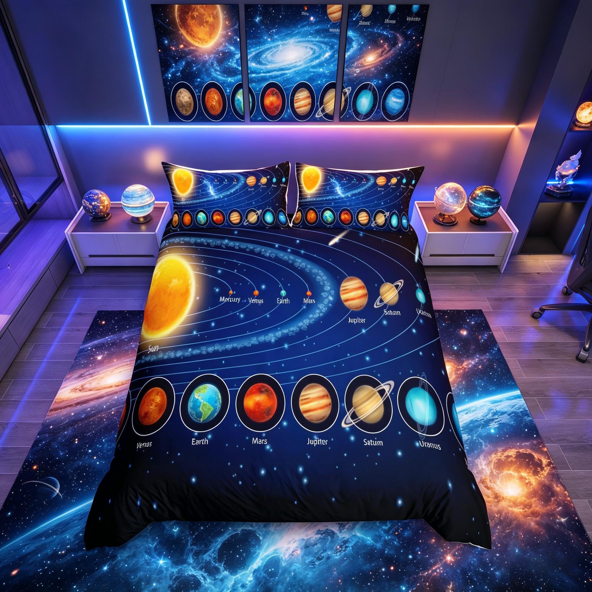 Loussiesd Solar System Duvet Cover Set Galaxy Outer Space Bedding Set for Kids Boys Girls Universe Planets Comforter Cover Astronomy Quilt Cover Bedroom Collection 3Pcs Double Size