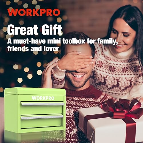 Miniatura 8 de WORKPRO Mini Metal Tool Box with 2 Drawers and Top Storage, Small Tool Chest with PVC Liners and PP Feet Pads, Cold Rolled Steel Toolbox with