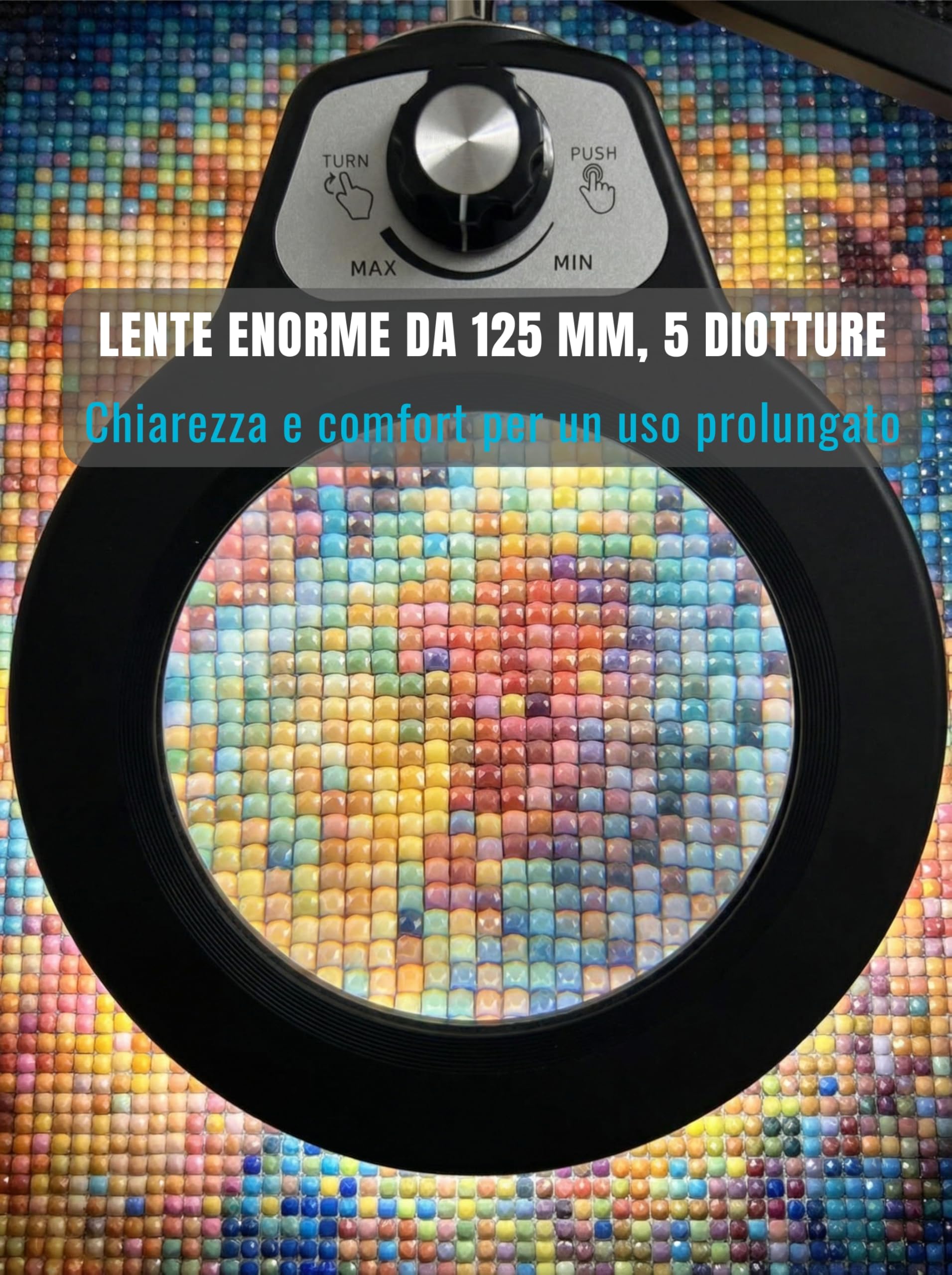 Lampada Lente d'Ingrandimento con Morsetto, Grande Lente 5D | Vetro 12,5 cm, 100 LED, 5 Colori, Manopola Sulla Testa, Braccio 1 M, Alimentatore 12V, Morsetto 6,4 cm, Precisione