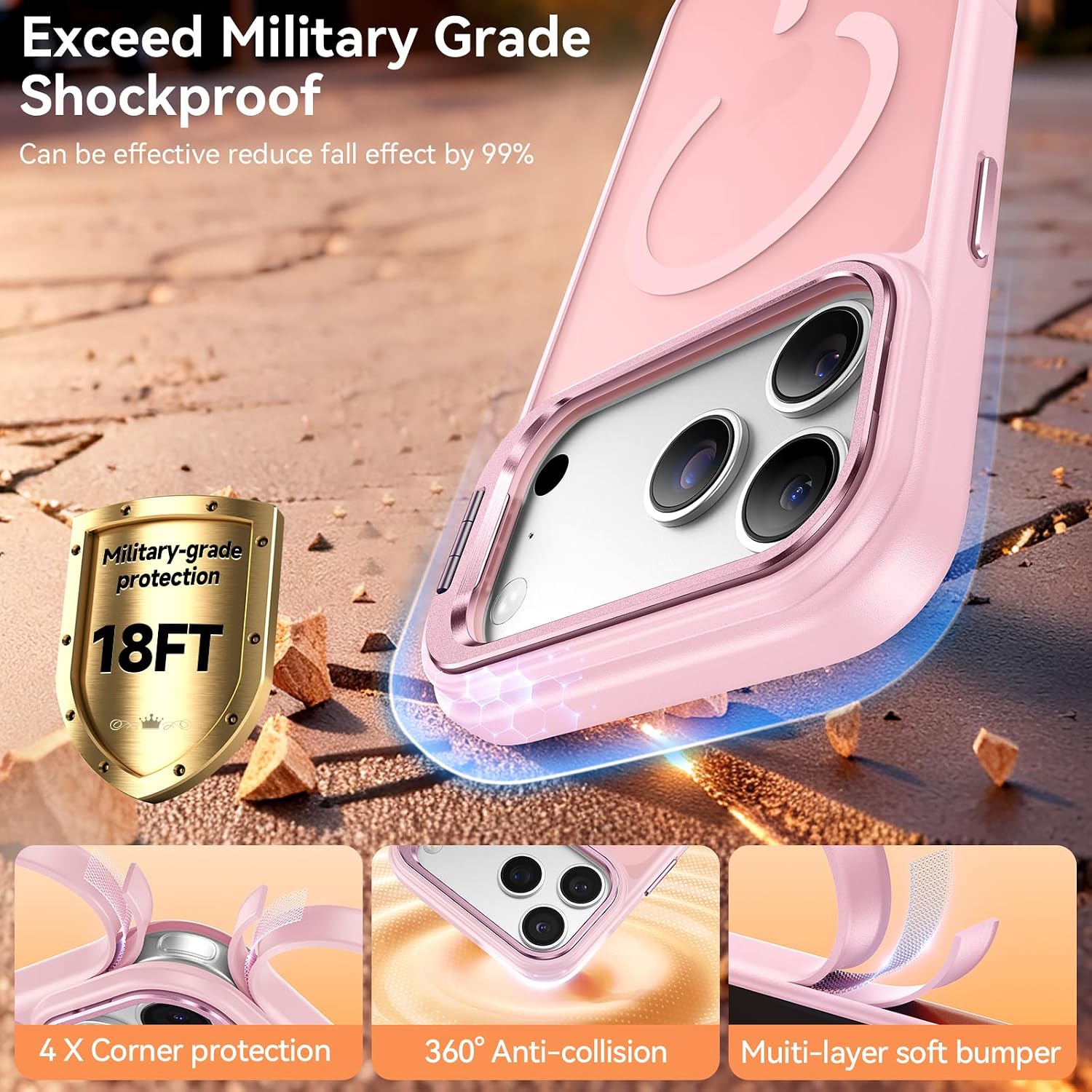 for iPhone 17 Pro Case with Stash Lens Stand and 9H Screen Protector, Compatible with MagSafe, Military-Grade Drop Protection Magnetic Phone Case for iPhone 17 Pro, 360° Full Protection, Pink