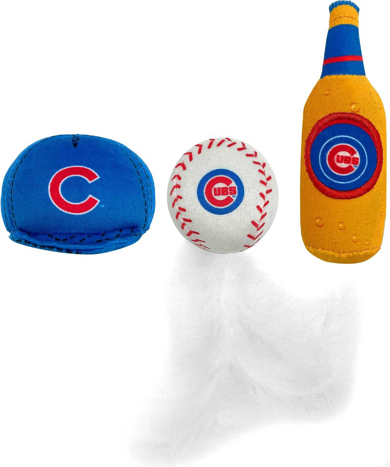 BEST PLUSH CAT TOY: MLB CHICAGO CUBS Complete Set of 3 piece Cat Toys filled with Fresh Catnip. Includes: 1 Baseball Cap Cat Toy, 1 Baseball Cat Toy with Feathers & 1 Beer Bottle. Beautiful Team LOGOS image 5