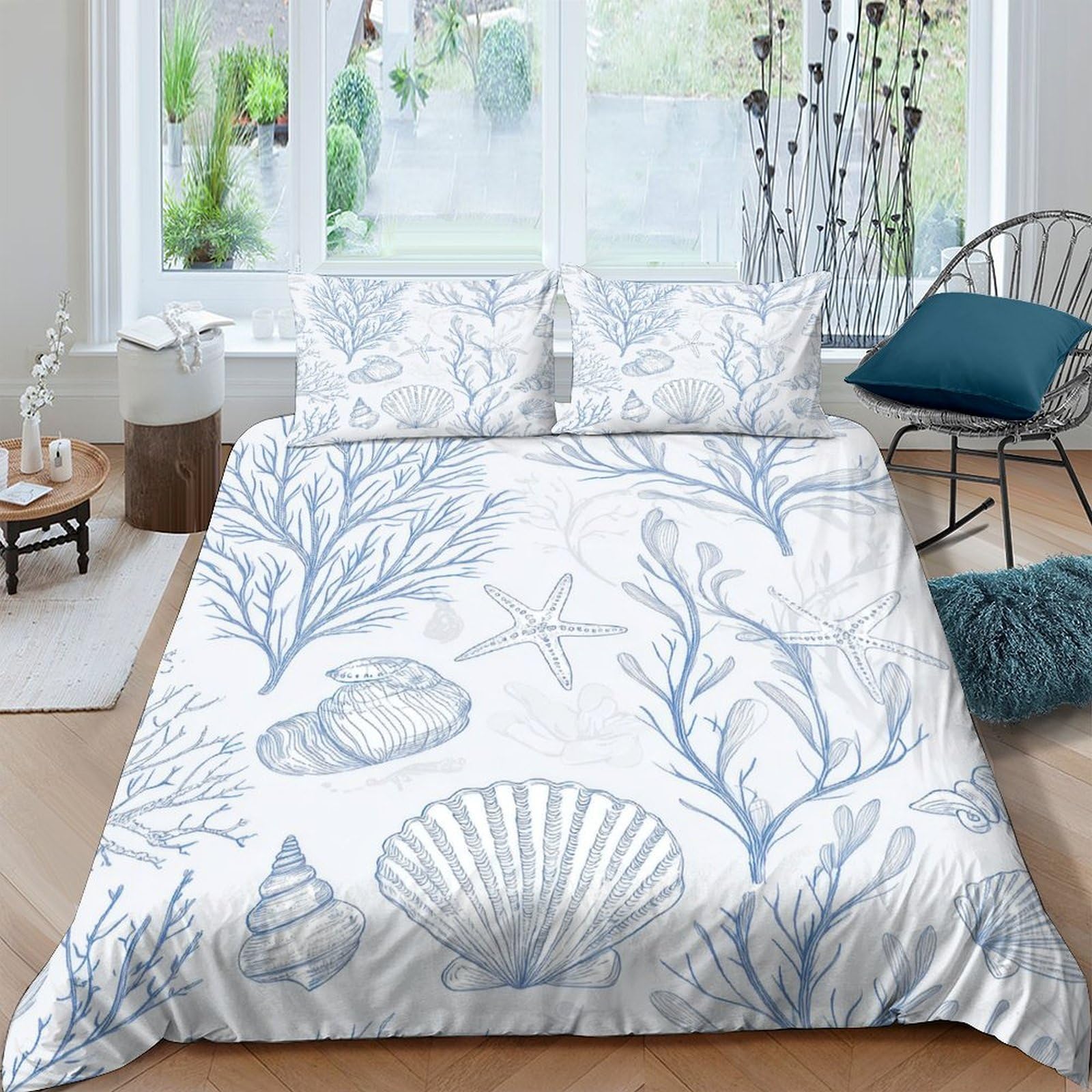 GPLZQXKJNH 3D Printed Ocean Coral Duvet Cover Microfiber Soft Breathable Seashell Quilt Cover Set with 2 Pillowcases for Bedroom Decor Single（135x200cm）