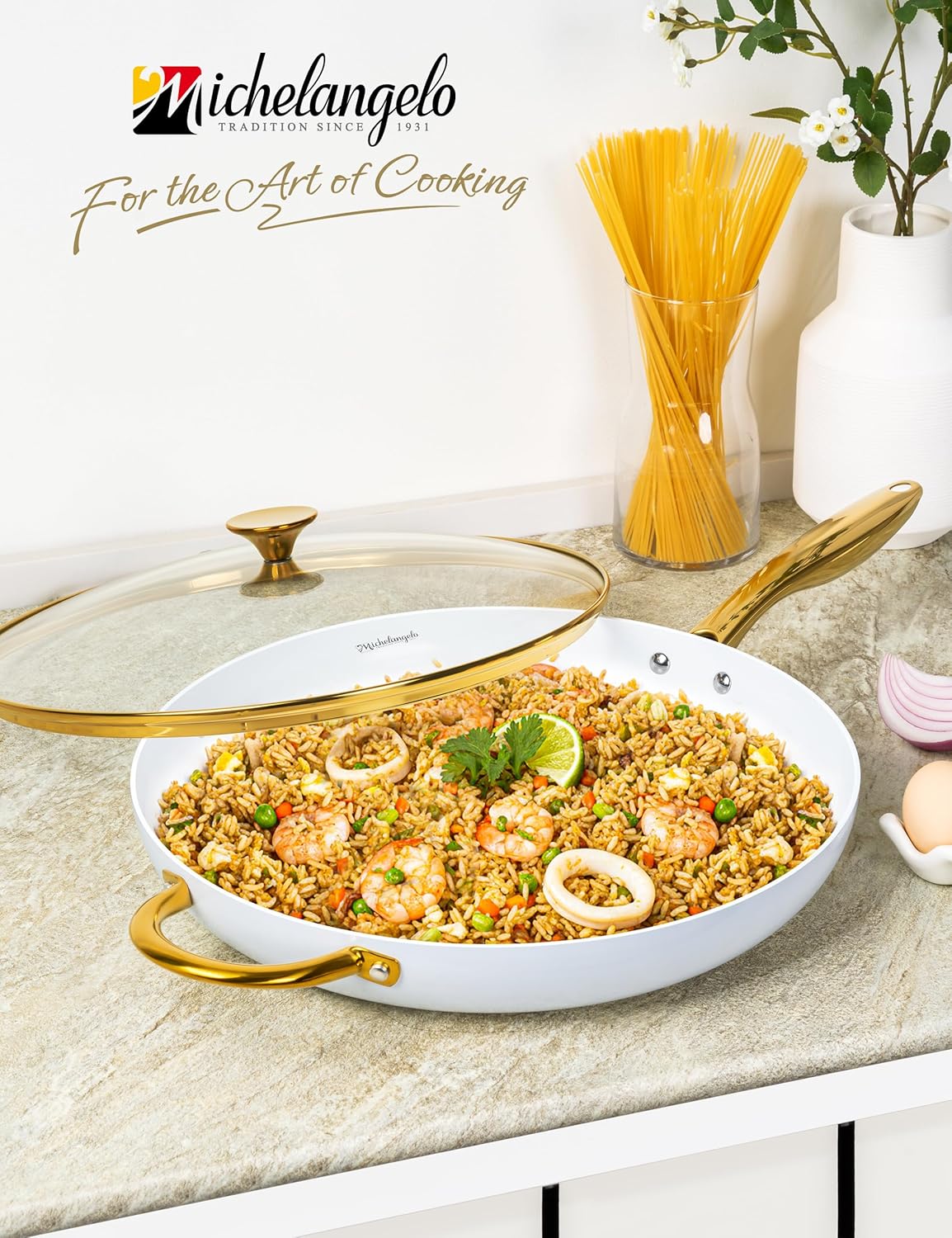 MICHELANGELO Large Frying Pan with Lid, 14 Inch Ceramic Skillet with Non-Toxic Coating, Non Stick Fry Pan with Ergonomic Handle, Induction Compatible - Image 7