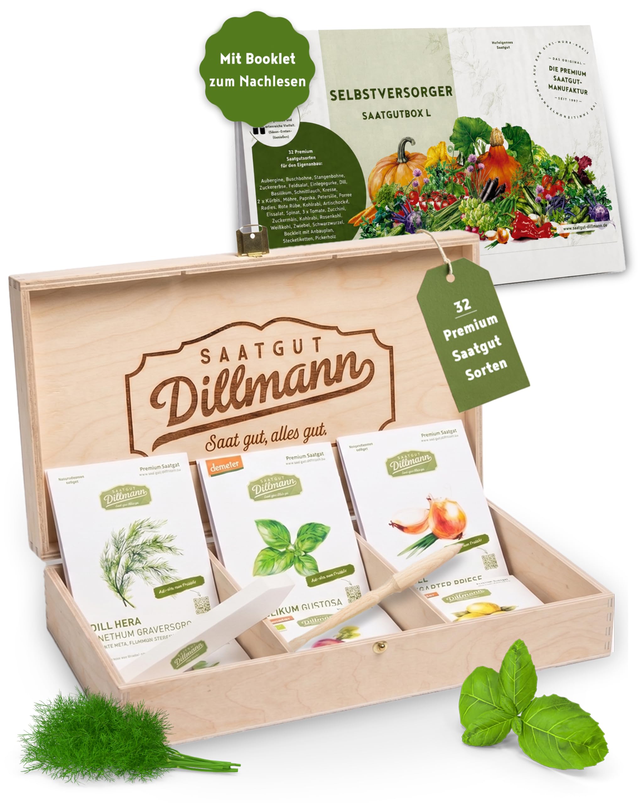 Selbstversorger Saatgut Box L – 32 Sämereien | Einzeln in Keimschutztüten verpackt, Holzbox inkl. Pikierholz, Etiketten & Anbauplan