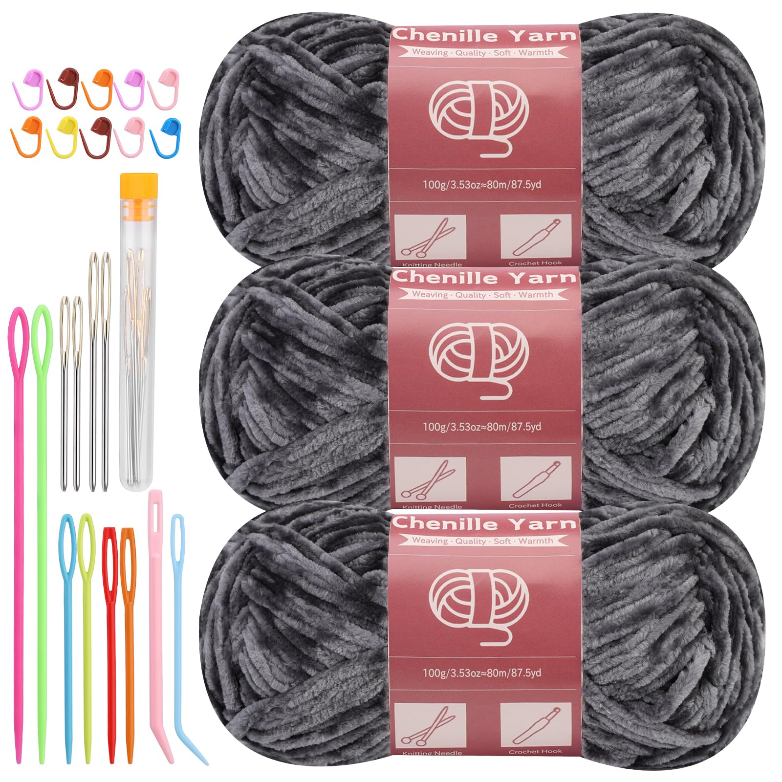 LUNARM Chenille Yarn 3 Pack 3.5oz Chunky Blanket Velvet Yarn 263 Yard | Dark Chunky Chenille Yarn for Beginners Crocheting Hand Knitting Scarves with Big Eye Needles Machine Washable
