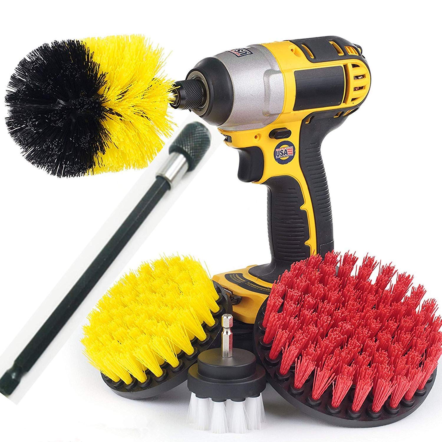 5 piece Nylon Cleaning Brush Kit With 6in Extender. Drill Bit Attachment Brushes For All General Purpose Cleaning and Scrubbing!