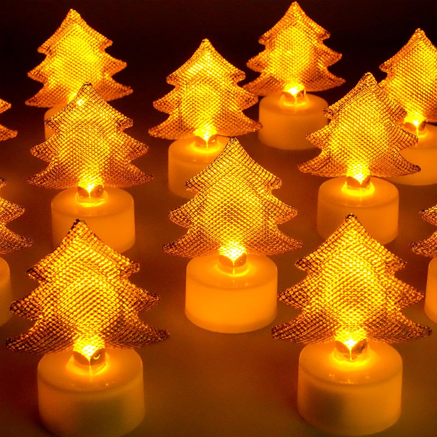 HAIDOLIANG 12PCS Christmas Tree Tea Lights Candles(Ironwork), LED Flameless Candles Battery Operated for Holiday Gifts, Led MINI Electric Faker Votive Tealight Candles for Desk, Birthday Decorations