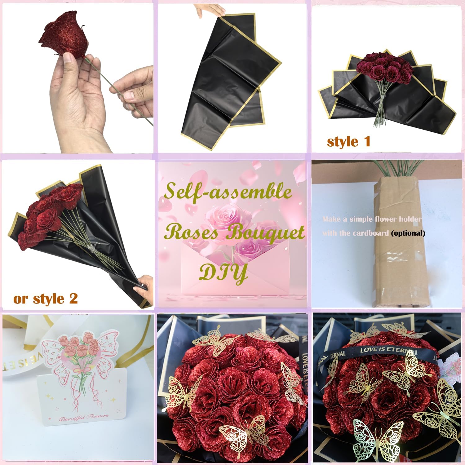 Valentine's Day DIY Red Glitter Roses Bouquet Gift for Her Artificial Rose Flower Bouquet Kits, Red Eternal Rose Flowers for Women Mom Grandma Birthday Wedding Engagement Valentine Gifts