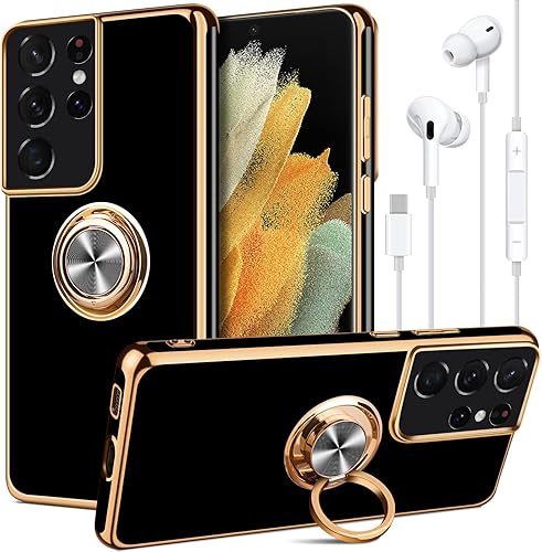 JAKPAK Funda para Samsung Galaxy S21 Ultra con soporte de anillo soporte para automóvil Galaxy S21 Ultra con auriculares USB tipo C con cable funda