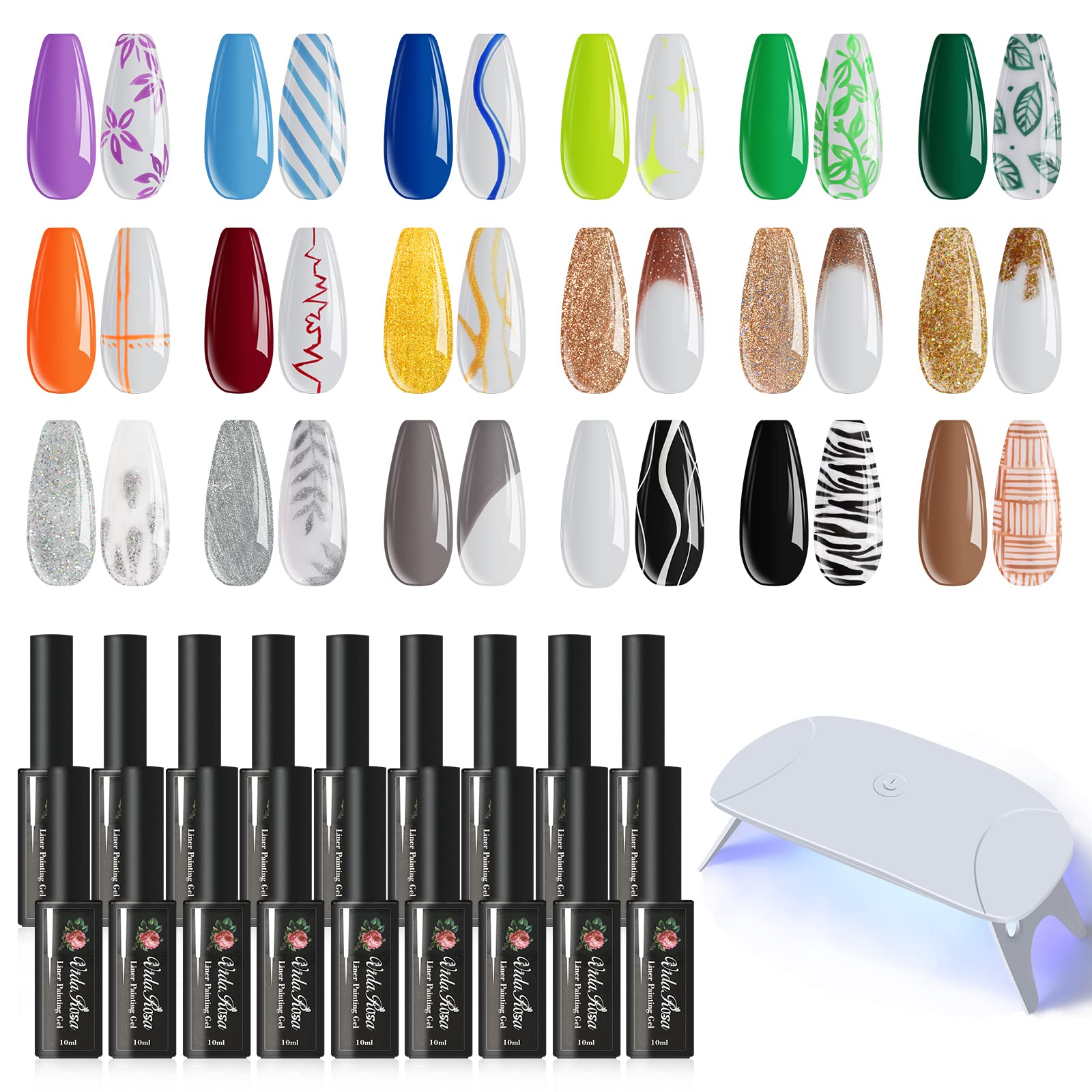 Gel-Nagellack, 18 ausgewählte Farben, mit UV-/LED-Nageltrockner, Nagelfarbe, Gel-Polish-Set für 3D-Nagelkunst, DIY-Nageldesign, Zuglinien-Stift, Nagelzeichnung, Nagelmalerei, Nagellack, Maniküre-Salon