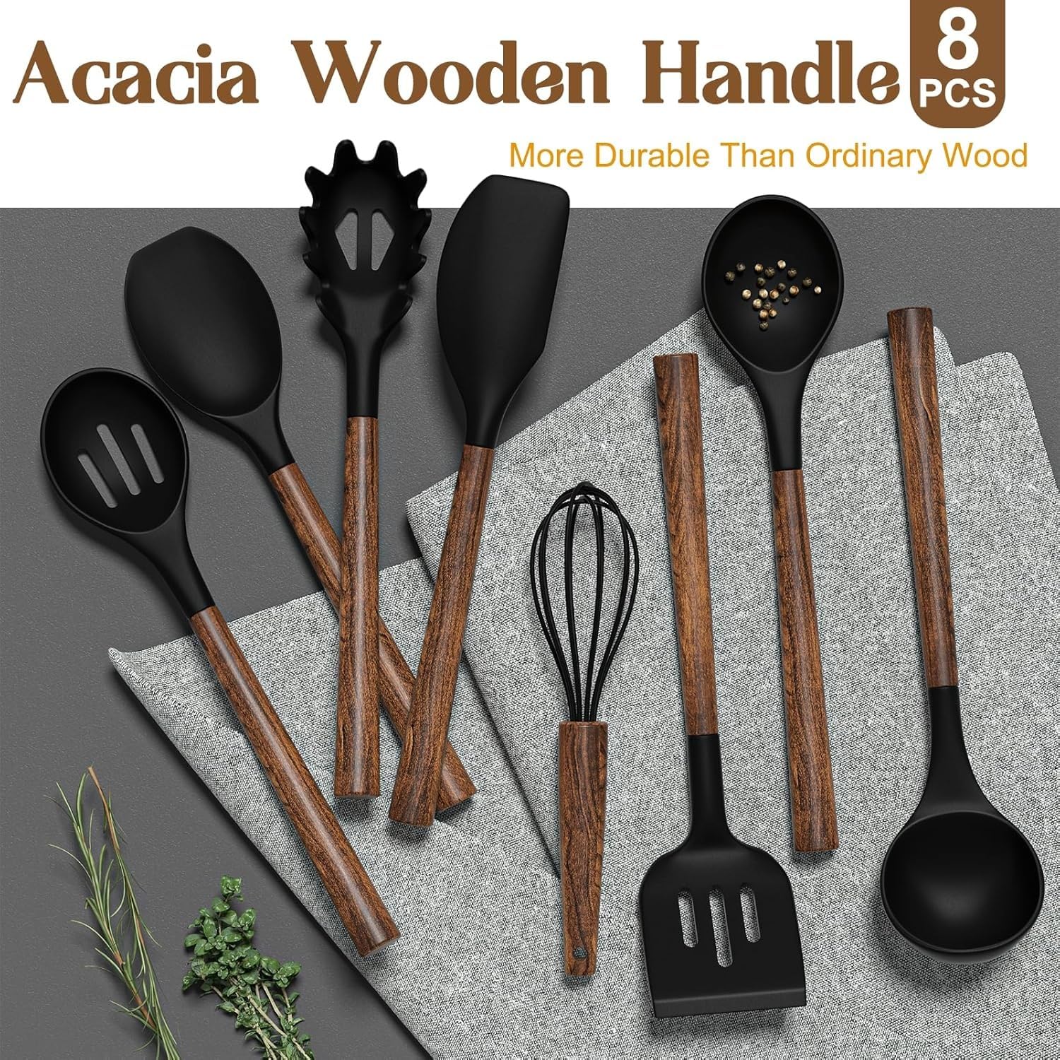 Umite Chef - Set di utensili da cucina in silicone, 8 pezzi, con manici in legno di acacia naturale, teste in silicone per uso alimentare, spatole da cucina antiaderenti, colore nero