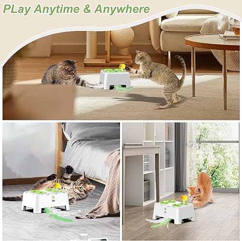 Miniatura 5 de Juguetes para gatos, juguetes interactivos para gatos, juguete automático 2 en 1, 4 agujeros, ratones golpean un topo, juguete de ratón con pluma