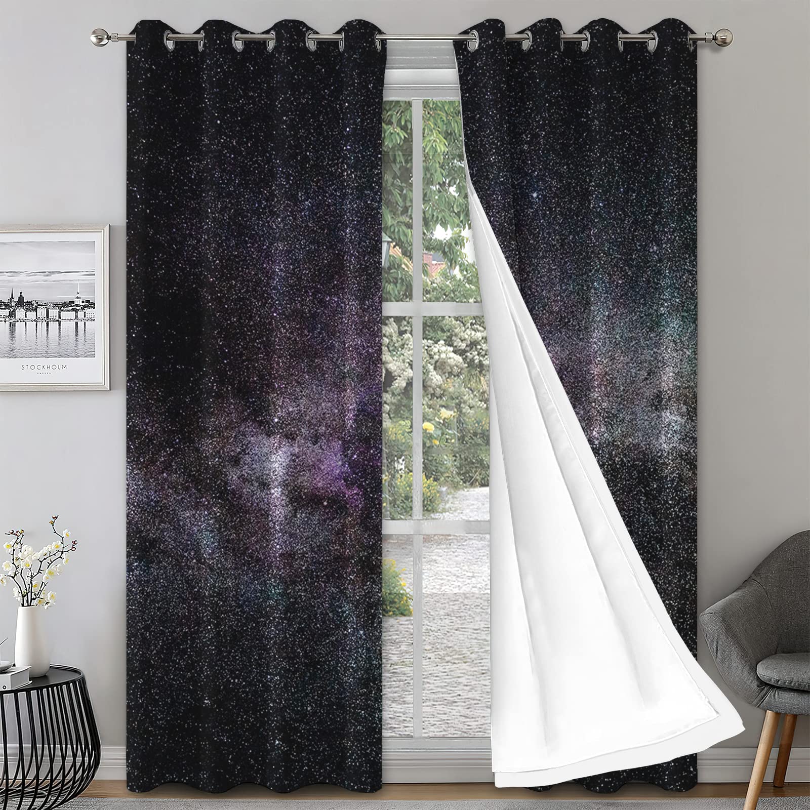 Cortinas Niño Niña Habitacion Opacas Con Ojales 2 Piezas 3D Cielo Estrellado De Ensueño Profundomorado Y Negro Patrón 264X214Cm（An X Al）Cortinas Termicas Aislantes Frio Y Calor Salón Dormitorio Ven