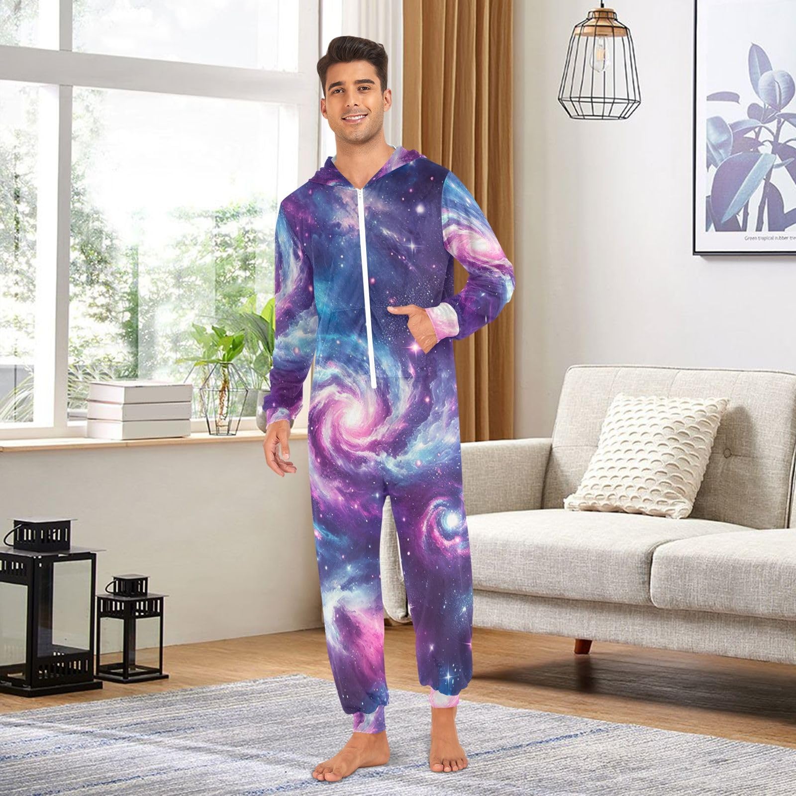 Pigiama intero con stampa galassia colorata, tuta con cappuccio in peluche per uomo donna abbigliamento da casa natalizio