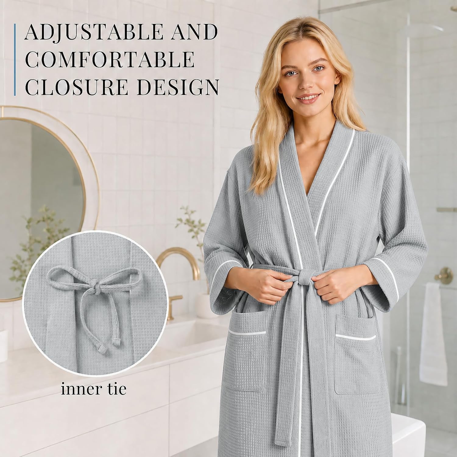 Inner Wish Women's Cotton Waffle Kimono Robe, Lightweight Quick Dry Spa Shower Robe with Pockets