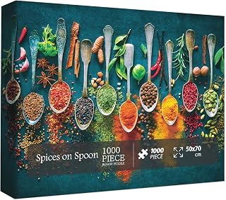 Spices on Spoon Puzzles for Adults 1000 Pieces, Vintage Spoon Jigsaw Puzzles, Funny All Sorts of World Spices Adult Puzzles Collage Puzzles
