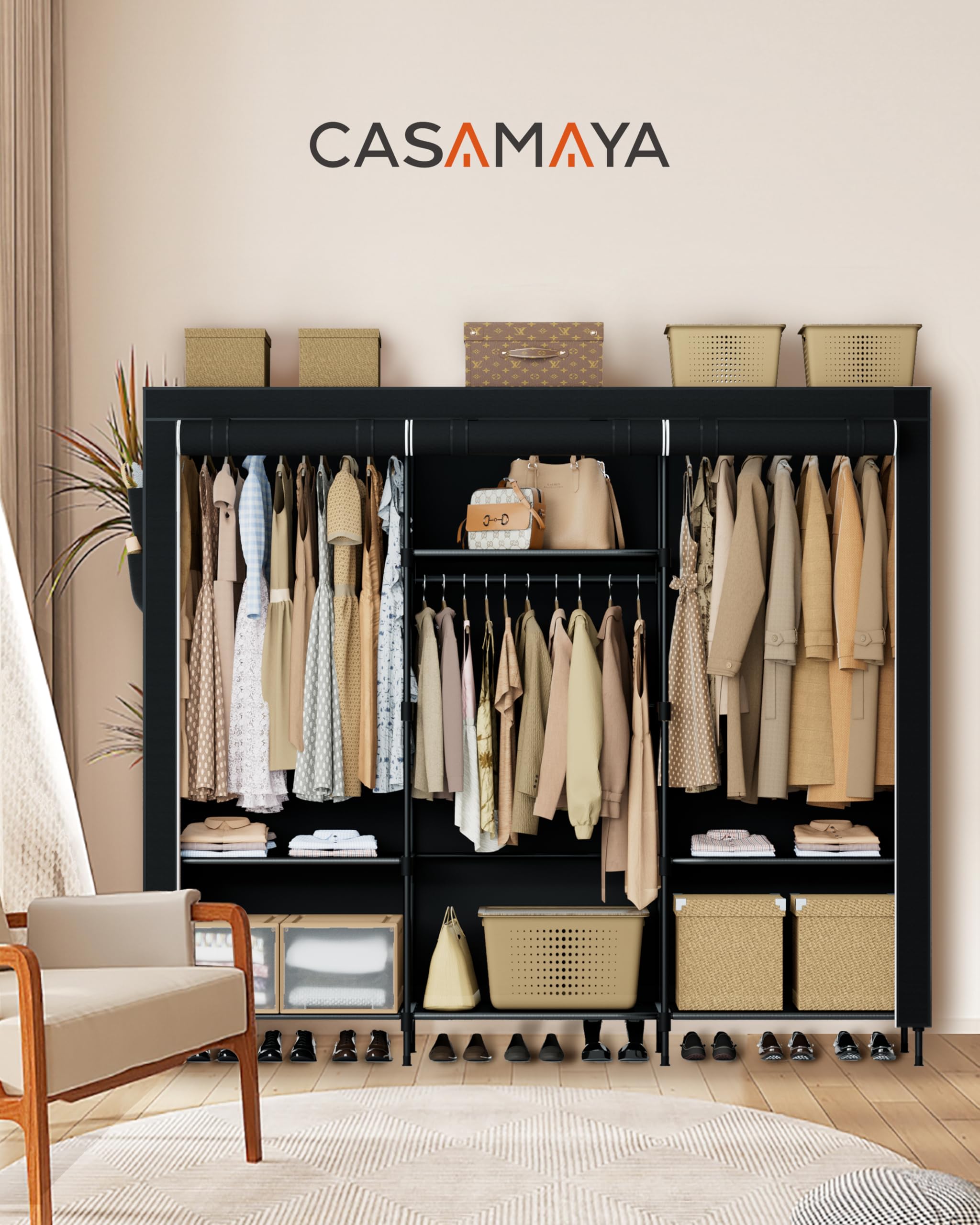 CASAMAYA Armario portátil, armario de gran capacidad de 80.7 pulgadas con cubierta, organizador de almacenamiento de ropa con estantes y 3 varillas para colgar, fácil de montar, negro PCT133B01