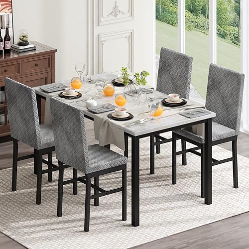 Miniatura 7 de Hooseng Juego de mesa de comedor para 4 mesas de comedor de 5 piezas de mármol sintético con 4 modernas sillas tapizadas de terciopelo para espacios