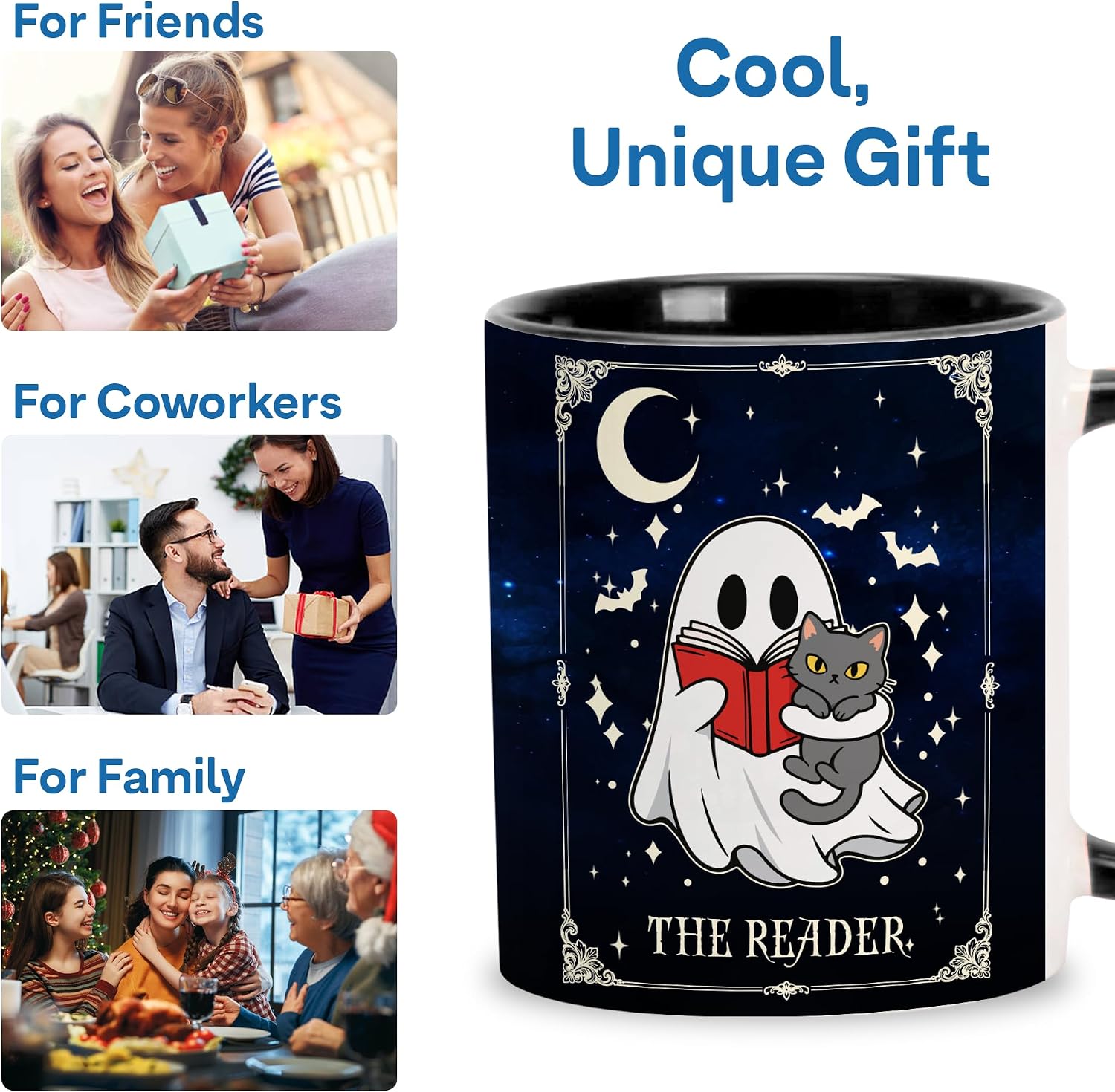 Hyturtle Cute Ghost Reading Coffee Mug with Spoon Gifts on Halloween Birthday, Funny Ghost with Cat Tarot Gifts, Book Lover Presents, Bookish Decor for Readers, Book Club Gift 11oz Ceramic Tea Cup