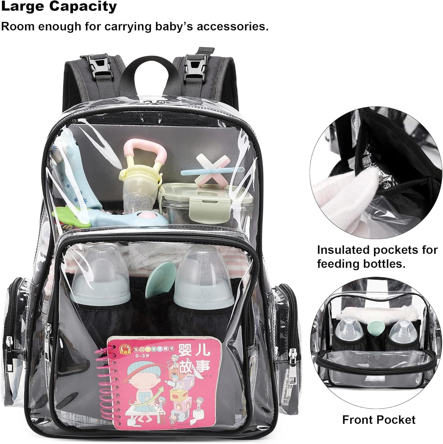 Clear Diaper Bag Backpack for Baby Girls Boys, Mom Nappy Bags for Women (Black) - Image 2