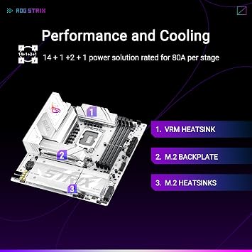 ASUS ROG Strix B860-G Gaming WiFi mATX motherboard, Advanced AI PC ready, 14+1+2+1 power stages, DDR5 slots, PCIe 5.0, four M.2 slots, WiFi 7, AI Networking II, Aura Sync RGB lighting.