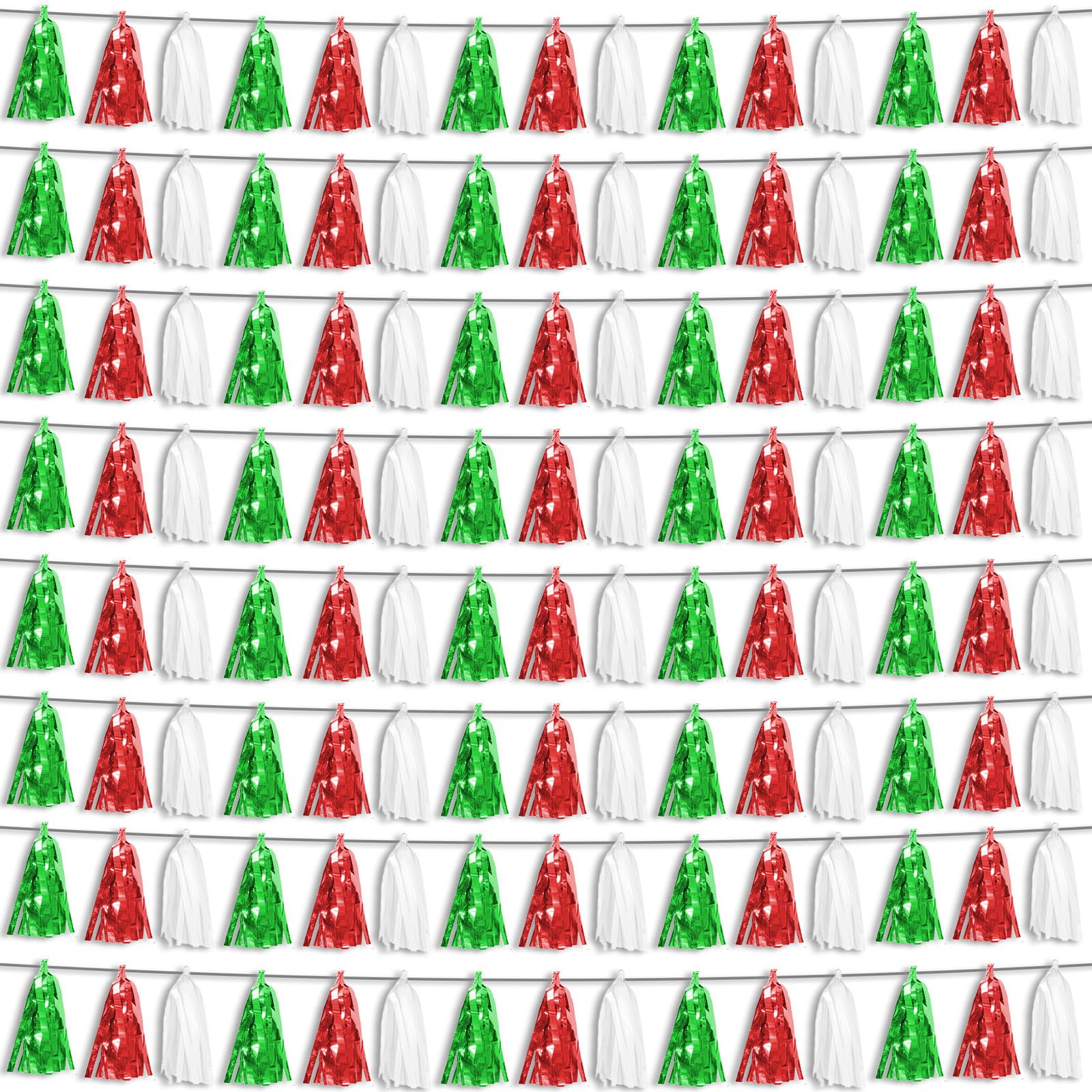 8P Red Green White Foil Fringe Metallic Tassel Streamers Banner Tassel Garland for Parade Floats, Graduation, Wedding, Birthday, Halloween, Christmas,