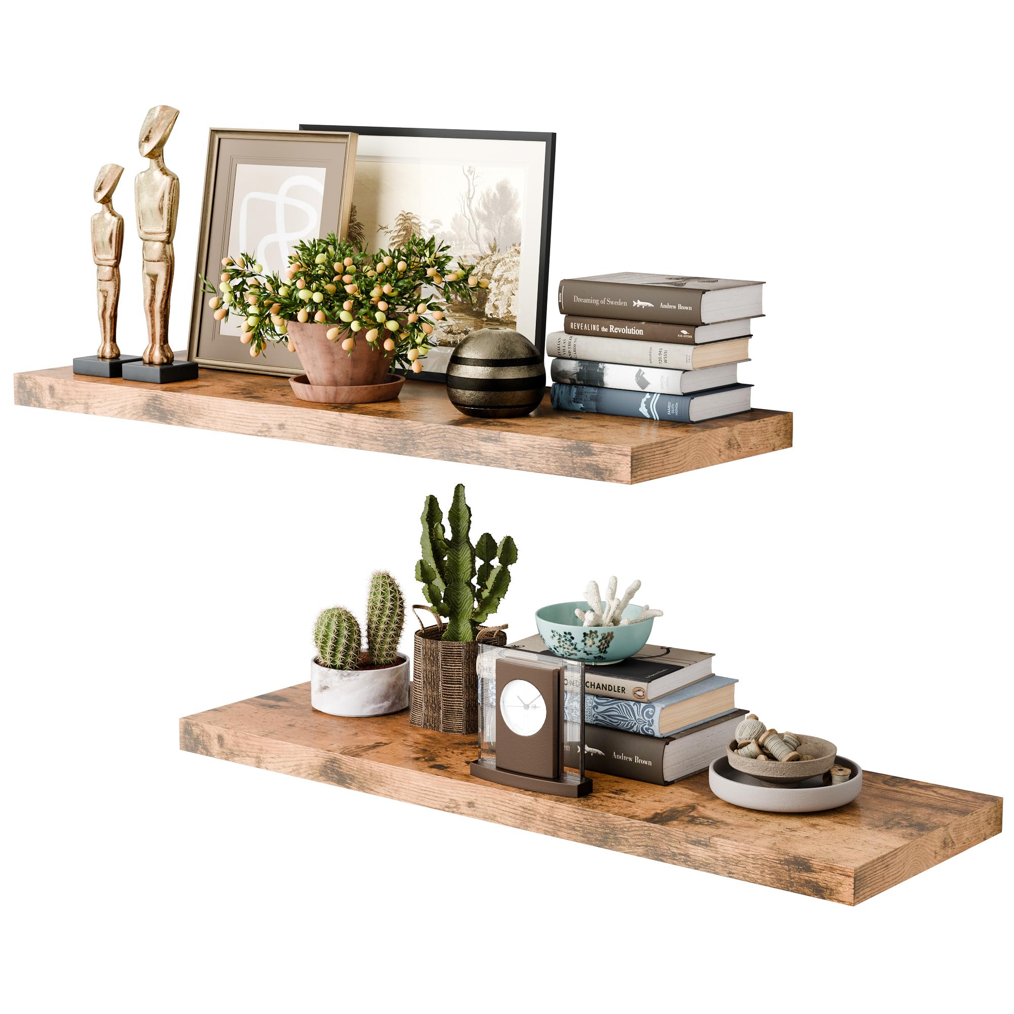 36 Inch Long Floating Shelves for Wall, Rustic Brown 12 Inch Deep Floating Shelves Set of 2, Wall Shelves for Bathroom Over Toilet, Live Edge Display Shelf with Invisible Brackets, Home Decor