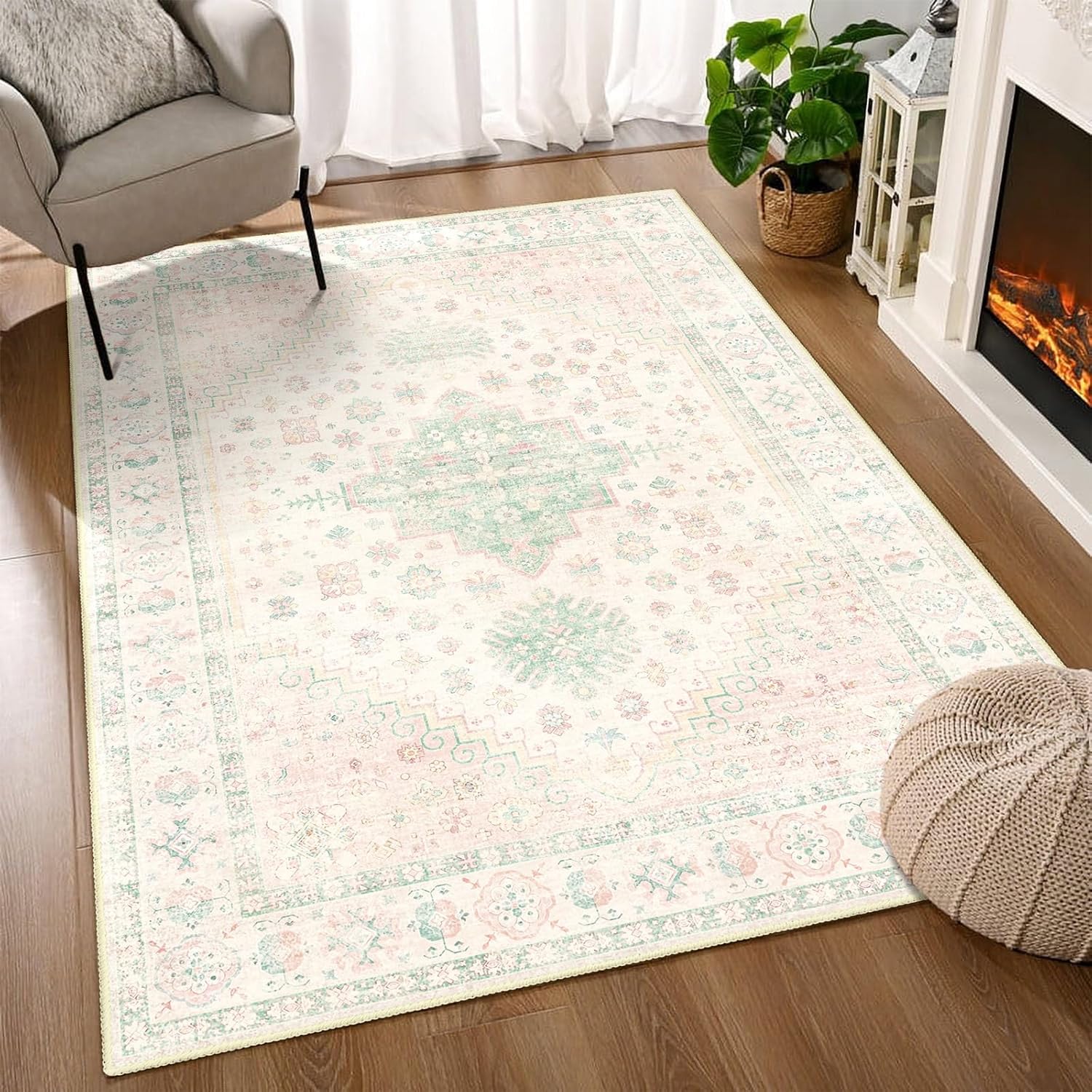 MUJOO 3x5 Rug Washable,Boho Area Rug for Bedroom Entryway Living Room Bathroom,Small Non Slip Indoor Throw Carpet Low Pile Light Pink and Green