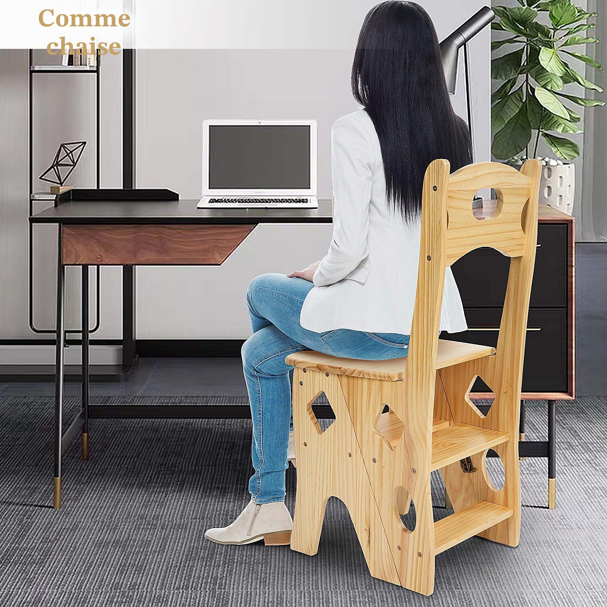 bimiti Chaise à Pliante en Bois Massif bibliothèque Pliante, Bois jusqu'à 180 kg, Multifonctionnel Fleurs et Chaise Stand d'exposition pour bibliothèque, Bureau, Support à Fleurs
