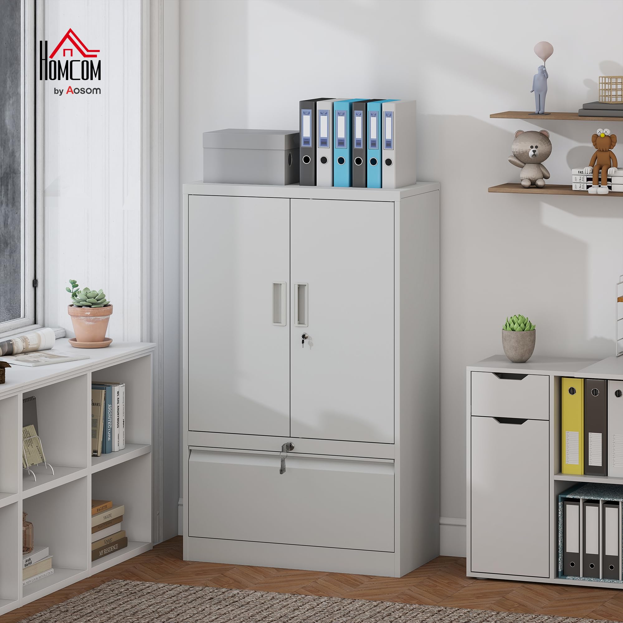 HOMCOM Armadio Portadocumenti 2 Ante in Acciaio con Serratura Bianco | Schedario da Ufficio, Ripiani Regolabili, Cassetto per Formato Lettera/Legale/A4, Mobiletto Multiuso per Studio