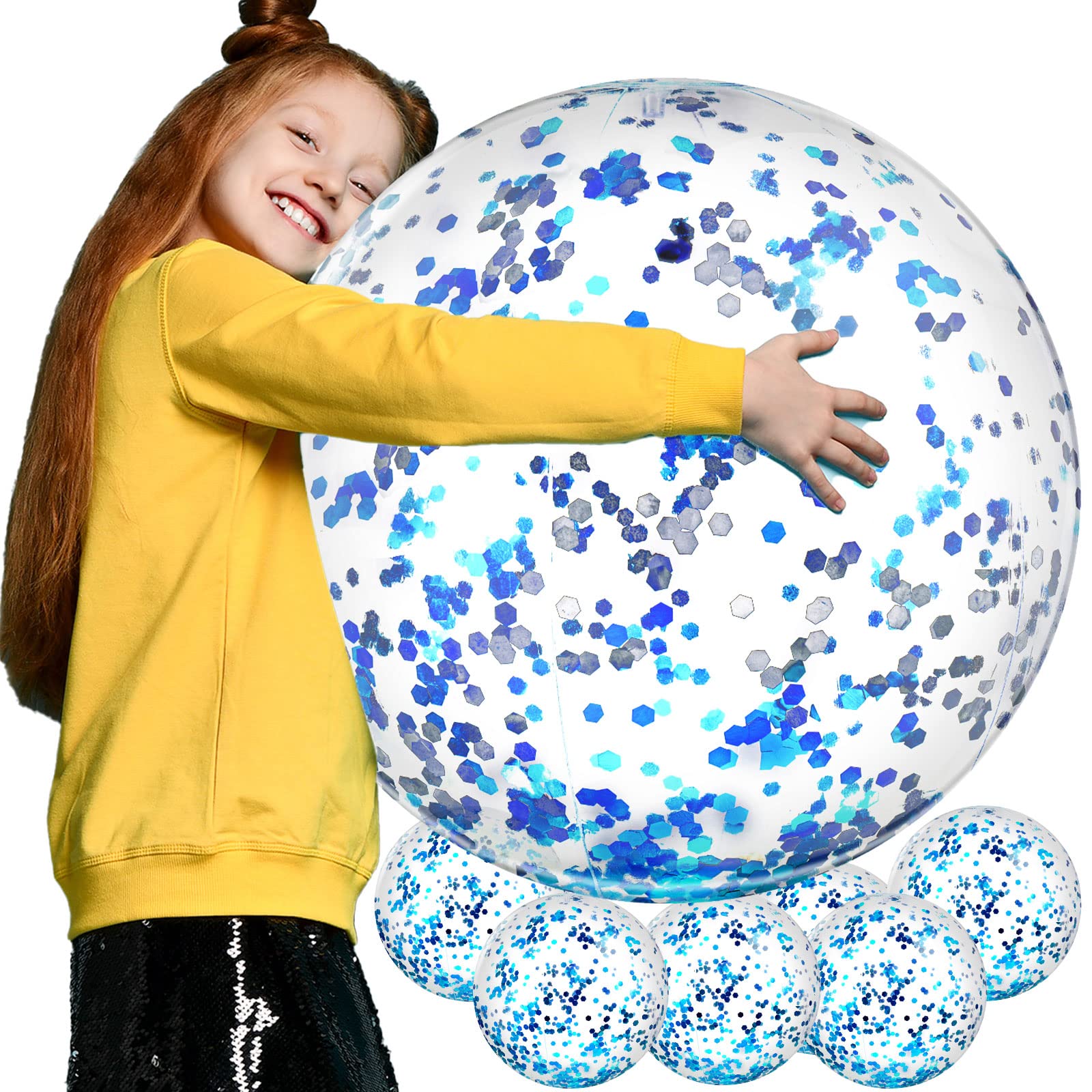 Civaner Inflatable Beach Ball 16 Inch 24 Inch Clear Sequins Glitter Summer Swimming Pool Balls Wedding Outdoor Decor Ornaments Floatable Confetti Decor for Beach Xmas Party Favor(Blue)
